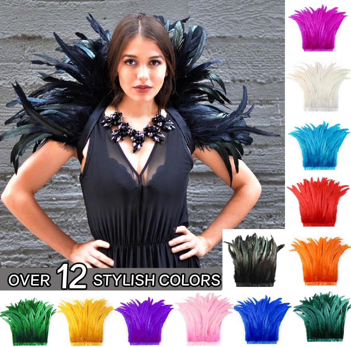 Holmgren Purple Rooster Feather Trim - 10-12inch 2 Yards Large Rooster Tail Feathers Fringe Trim for DIY Sewing Crafts, Feather Cape Shawl, Mardi Gras Party Costume Decoration (Purple)