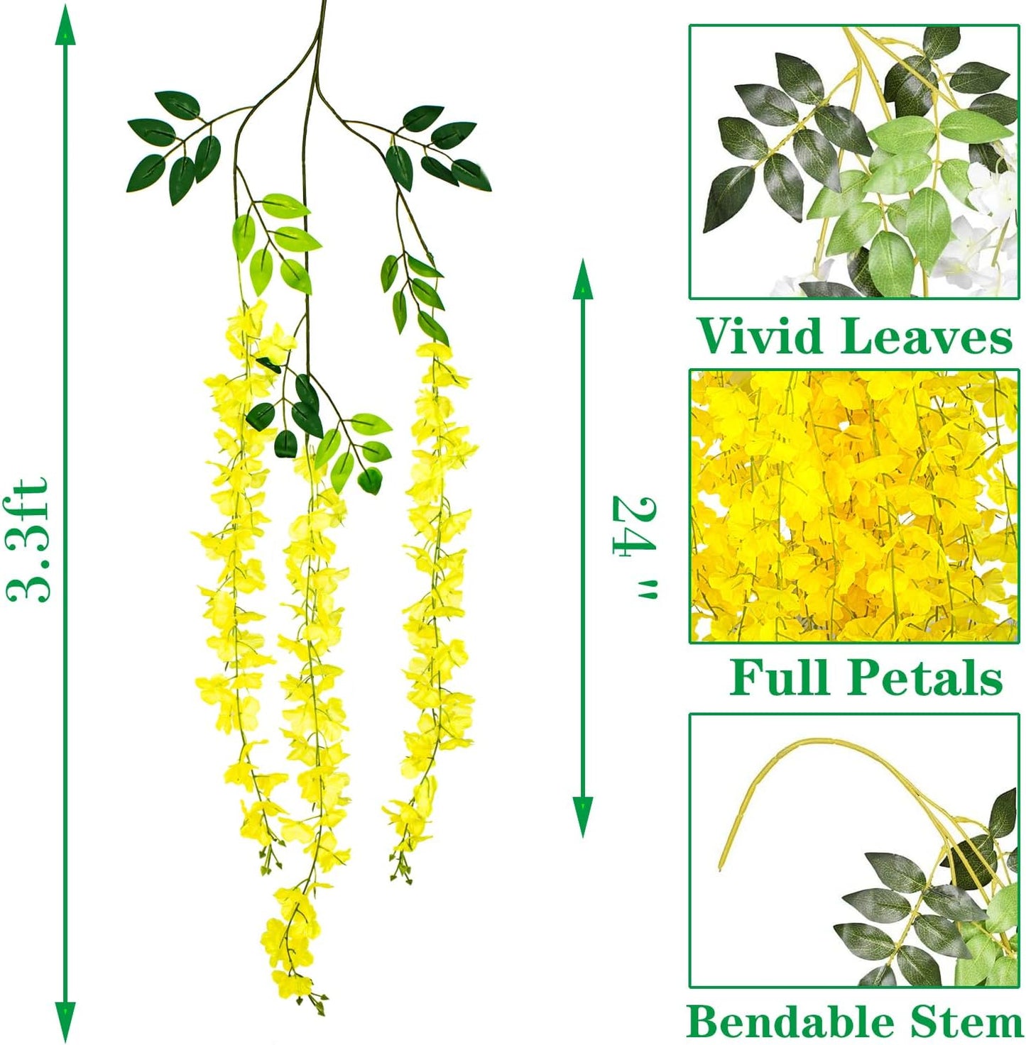24 Pack Artificial Fake Wisteria Vine Ratta (3.75 Feet) Hanging Garland Silk Flowers String Home Party Wedding Decor (Yellow)