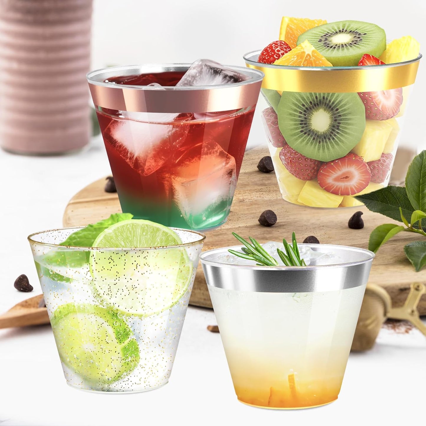 [200 Pack] 9oz Plastic Cups with Gold Glitter Sturdy & Food Safe Plastic Wine Glasses Disposable Cups Party Wedding Cups Cocktail Glasses for Wine, Juice & Cold Beverages