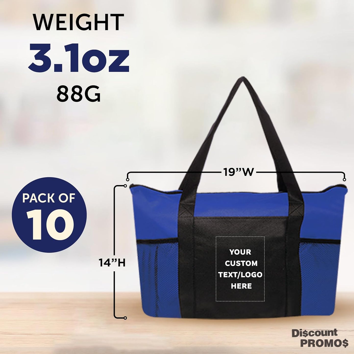 DISCOUNT PROMOS 10 Zippered Non-Woven Tote Bags Set - Customizable Text, Logo - Mesh Pocket, Zippered, Recyclable, Reusable - Blue - 19"X14"X3", with Zipper