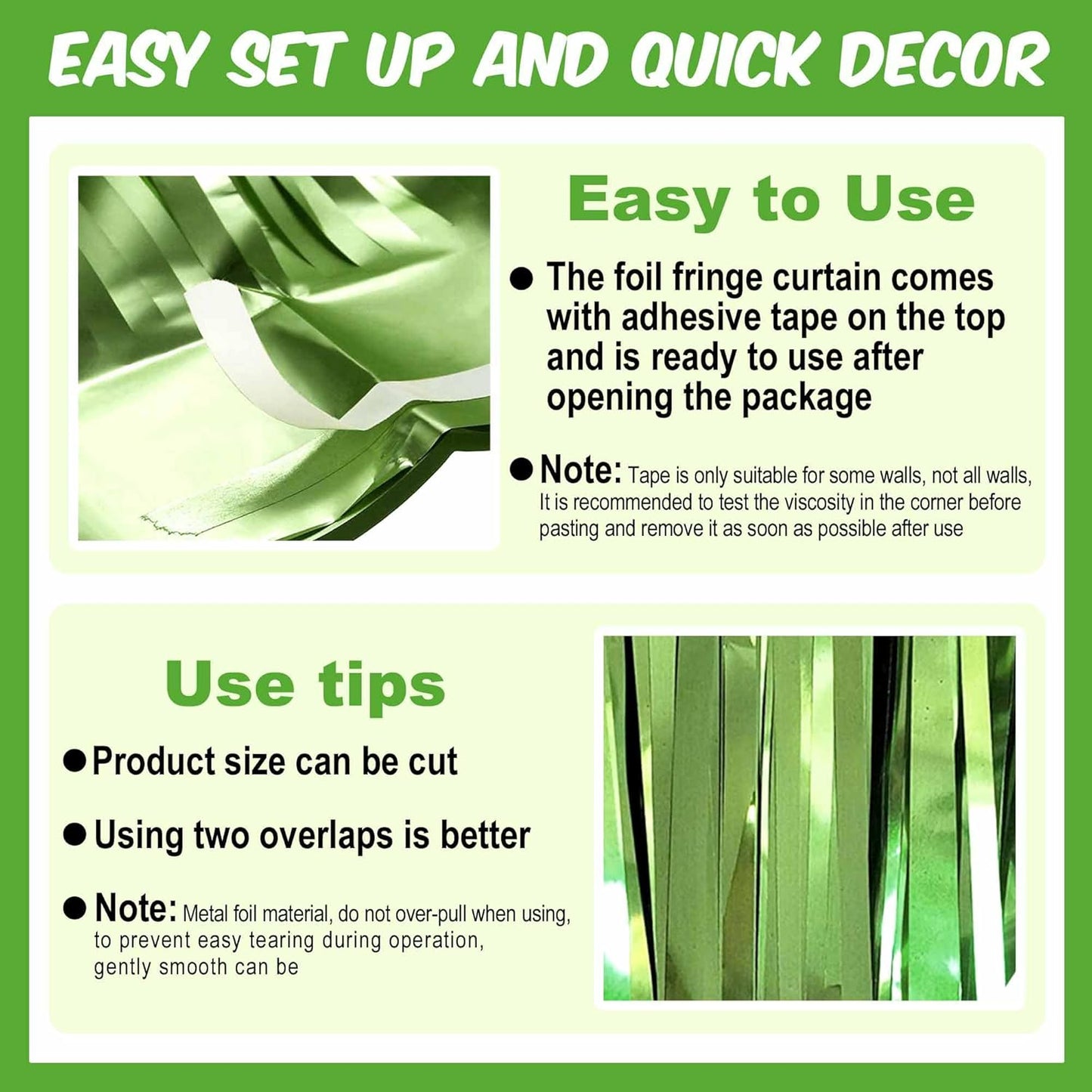 3 Pack Light Green Foil Fringe Curtains Backdrop, 3.28 x 9.8 Ft Metallic Streamers Tinsel Curtains Background for Photo Booth, Birthday, Halloween, Christmas, Thanksgiving, New Year Party Decorations