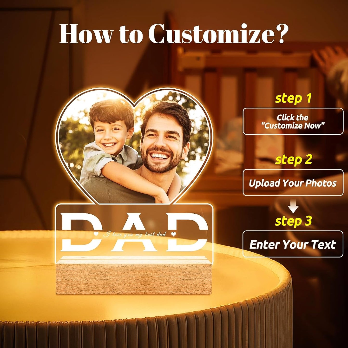 Personalized Dad Gifts for Dad from Daughter Son, Custom Picture Frames with Photo, Customized Photo Frame with Night Light, Personalized Birthday Gifts for Dad Baby Kid Family