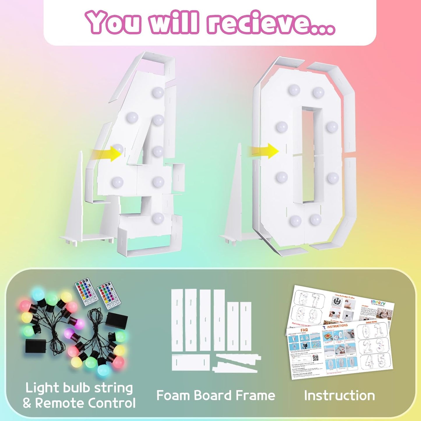 Marquee Numbers 40th-Birthday Decoration: Colorful 3FT Large Light Up 40 Year Old Birthday Decorations Anniversary Backdrop for Boys Girls Cardboard Sign 18 Colors Number 40 Mosaic Balloon Frame