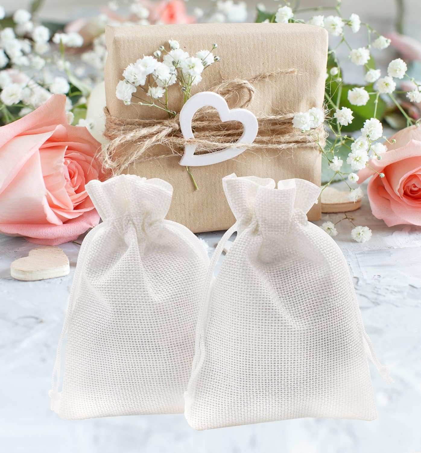 20pcs Burlap Bags with Drawstring, 5.9 x 7.5 inch White Linen Gift Bags Jewelry Pouches Sacks for Christmas Wedding Favors, Party, DIY Craft