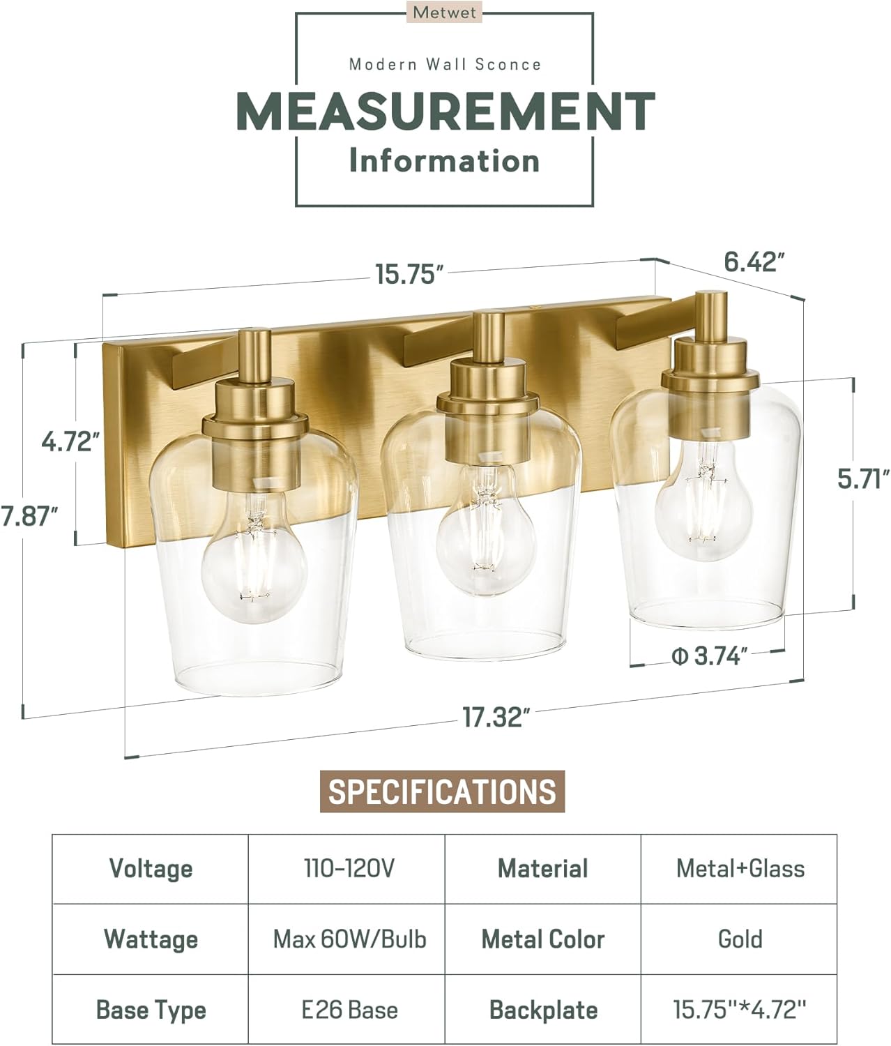Bathroom Light Fixtures, 3-Light Modern Vanity Light with Clear Glass Wine Glass-Shaped Shade, Vanity Lighting Fixtures Over Mirror, Brushed Gold, VL155-BG-3