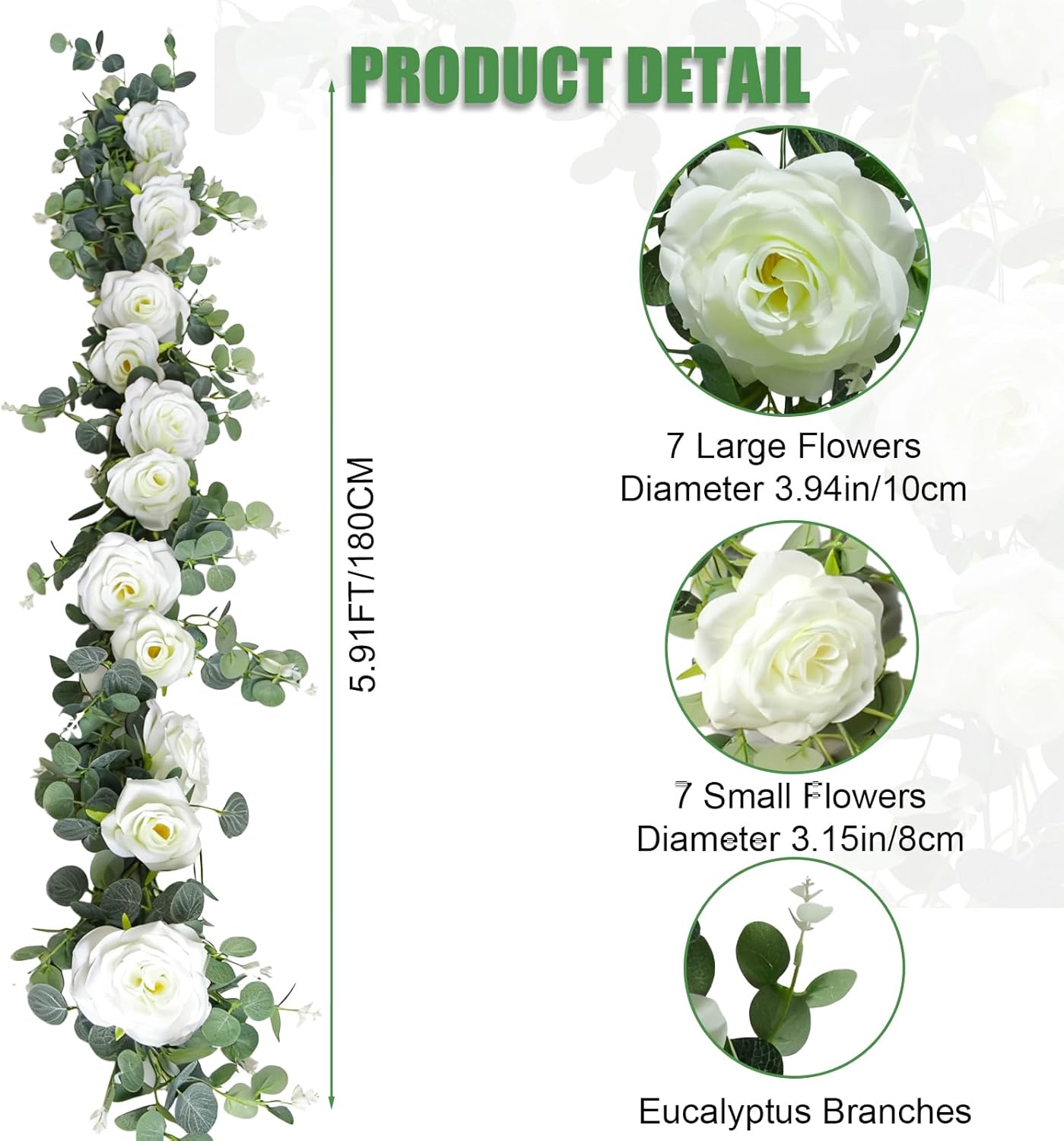 6FT Artificial Eucalyptus Garland with 14 Fake White Rose Flowers - Floral Greenery Decoration Vine for Wedding Centerpieces, Table Runner, Backdrop, Arch Wall Decor,Indoor/Outdoor (2 PCS)