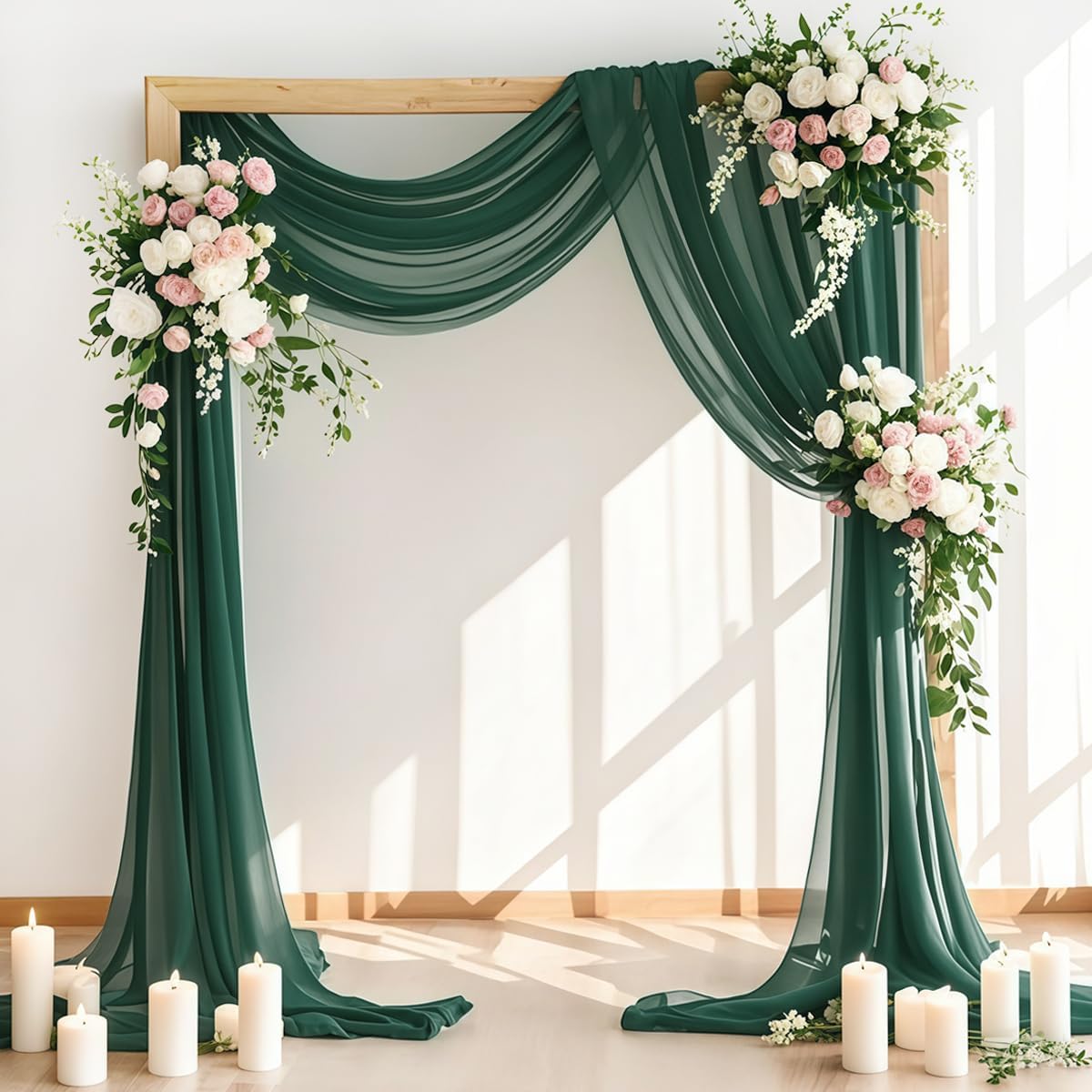 Wedding Arch Draping Fabric 4 Panels 30'' x 18FT Emerald Green Sheer Chiffon Arch Drapery for Photo Booth Bridal Shower Baby Shower Church Decor Newborn Photography Christening Outdoor Party