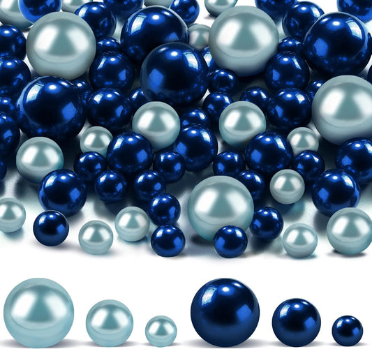 180PCS Navy & Light Blue Beads for Centerpieces Vases, No Hole Polished Pearl Makeup Beads Mixed 8/14/20mm Sizes, Pearl Vase Fillers Table Scatters for Party Wedding Decor