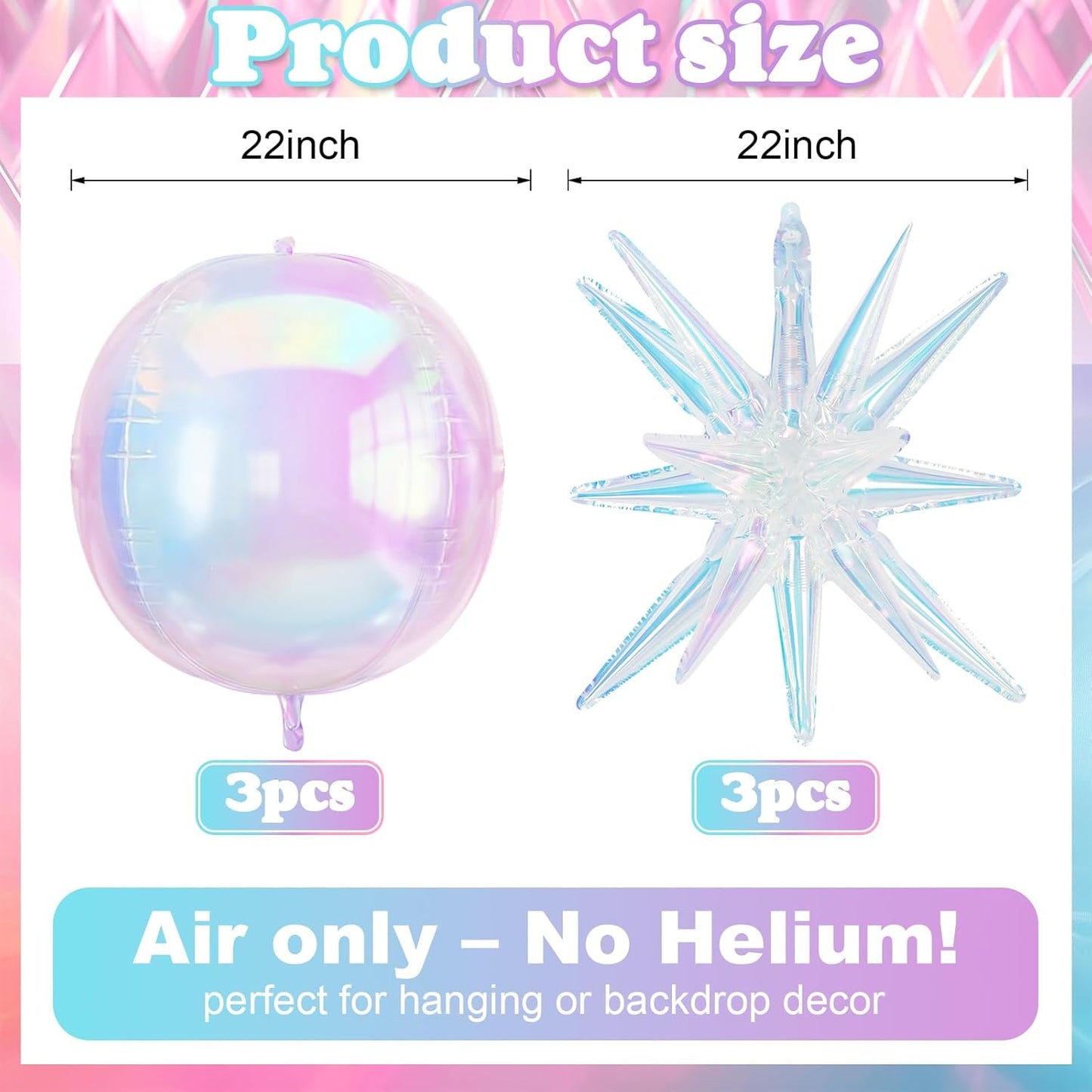 6Pcs Iridescent Foil Balloons, 22in 4D Round Ball and 18in Explosion Star Iridescent Balloons, Large Holographic Clear Foil Balloon for Birthday Mermaid Rainbow Wedding Party Supplies