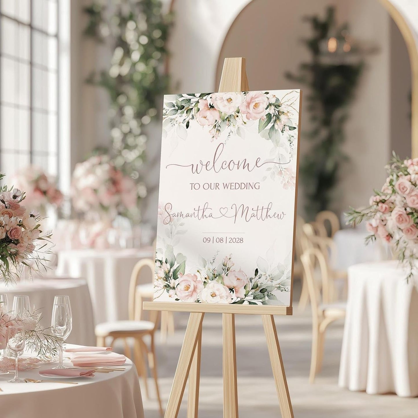 Welcome Wedding Signs, Soft Blush Pink Wedding Sign Decorations Signage 12" X 18" (Small), 27" (Medium), 36" (Large), Plastic, Modern, Pole Mount, Weather