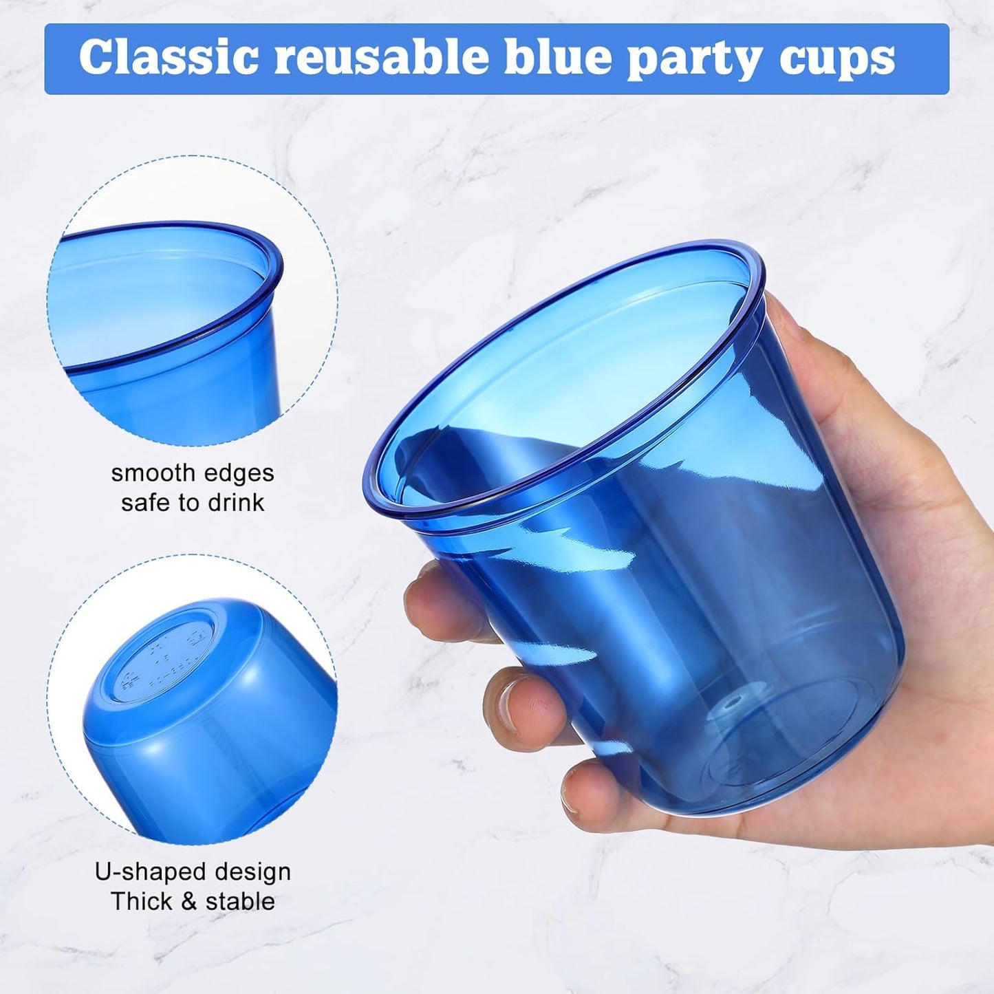 Disposable Stemless Glasses 12oz Crystal Plastic Wine Glasses Clear Classic Pet Cup for Meeting Weddings Birthdays Cocktail Christmas Party Supplies(Blue,50 Pcs)