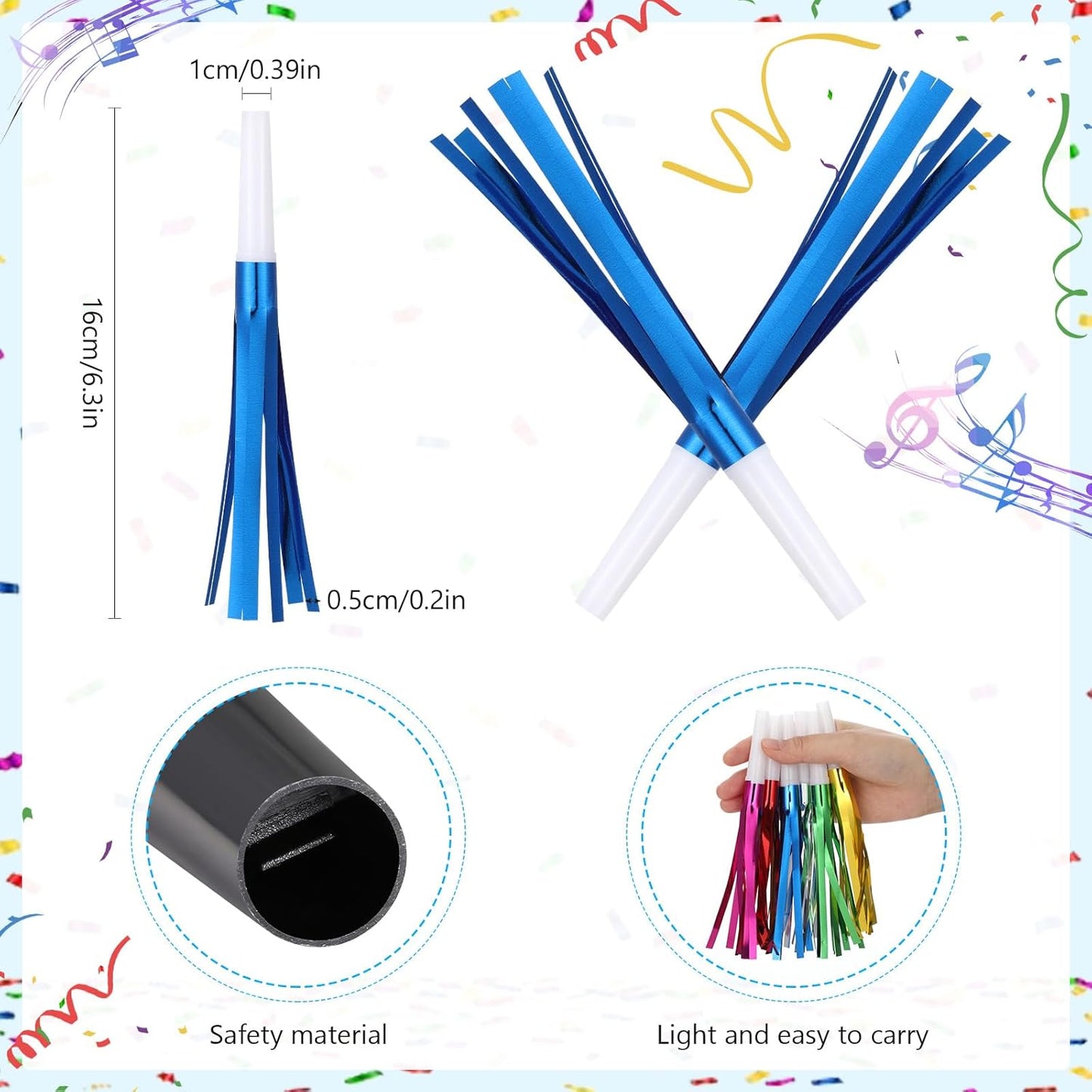 Metallic Fringed Noise Makers, for Noise Makers Party Favors, New Year Party, Baby Shower, Kids Birthday, 24 Pcs, Blue