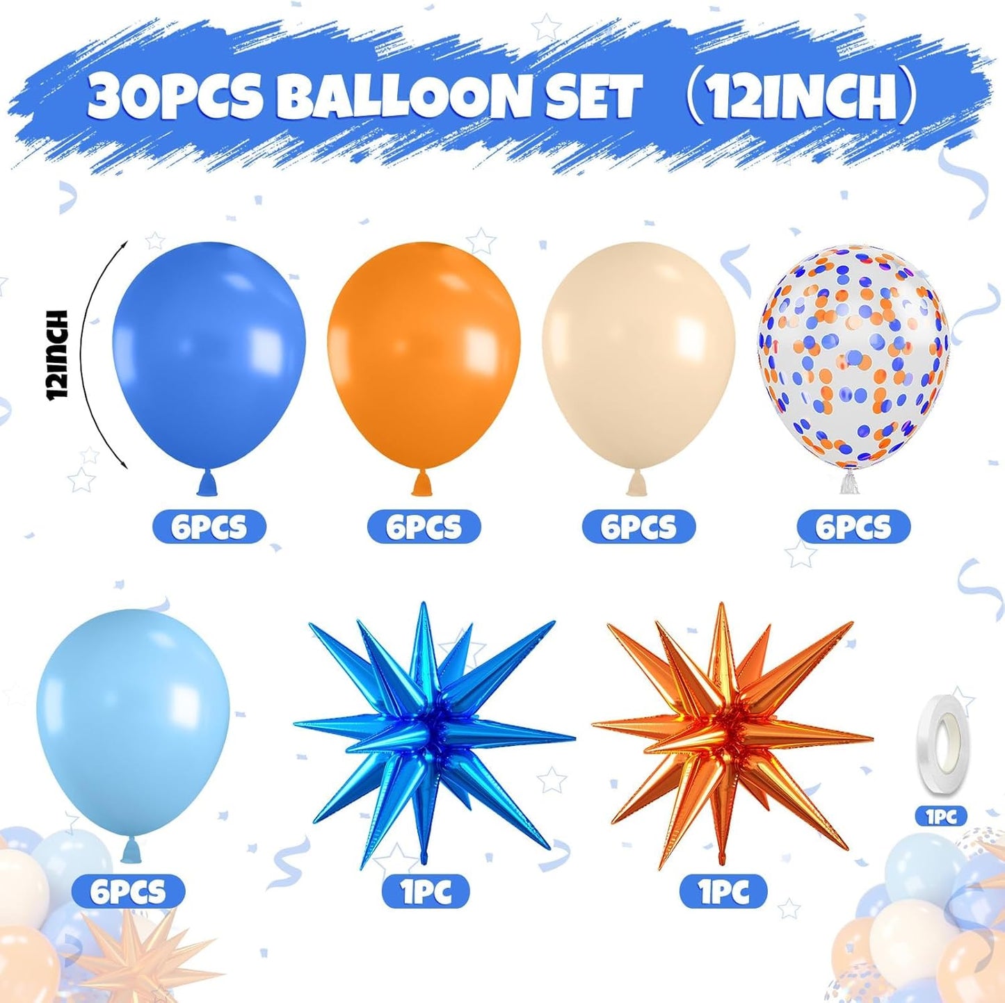 Blue and Orange Balloons, 12 Inch Orange Light Blue Nude Dark Blue Confetti Balloons with Star Foil Balloon for Boys Birthday Party Baby Shower Graduation Decorations