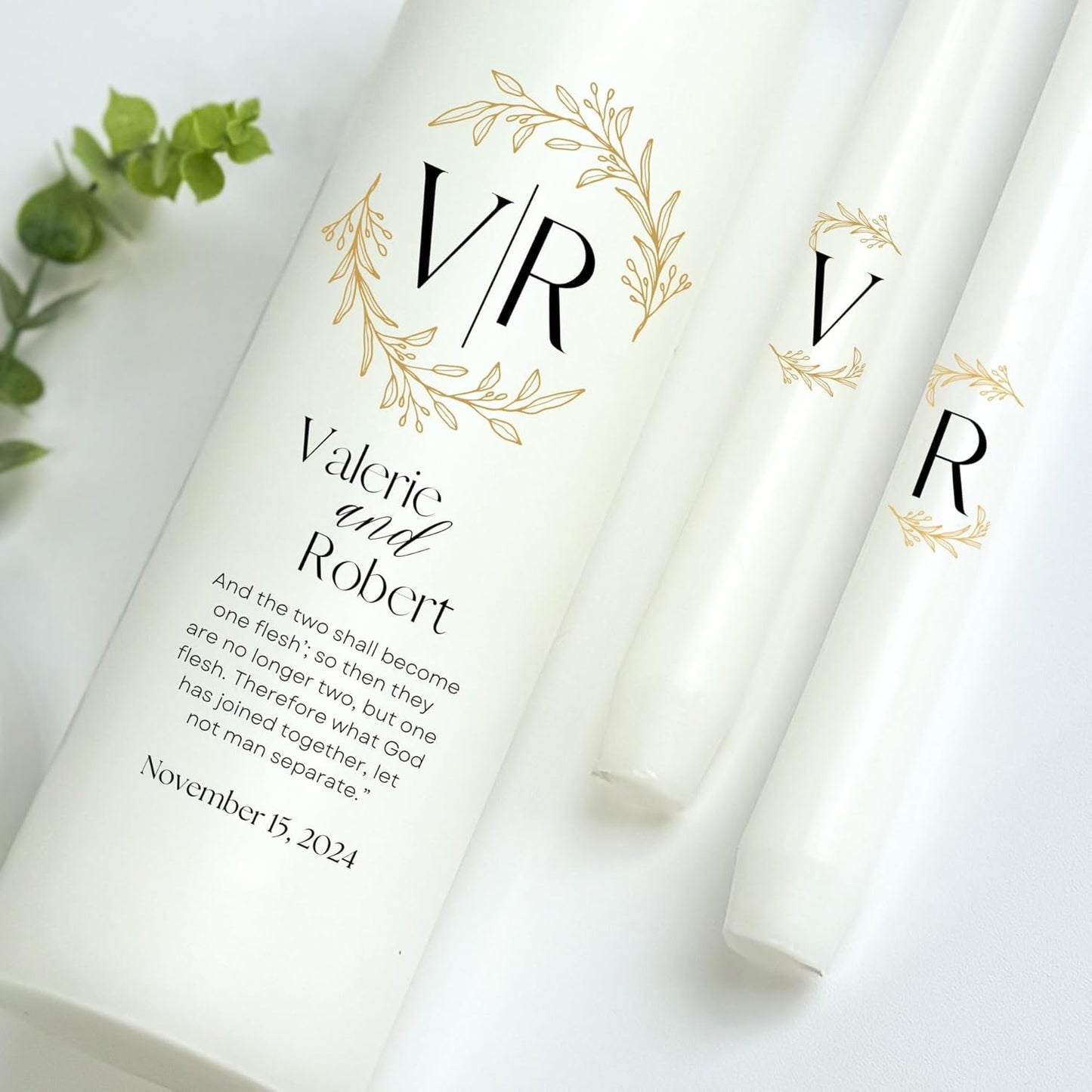 Unity Candles for Wedding, Modern Unity Set, Custom and Personalized Pillar and Taper Candles with Bible Quote, Unscented White Premium Wax, Religious and Wedding Ceremony, Special Events (Laurel)