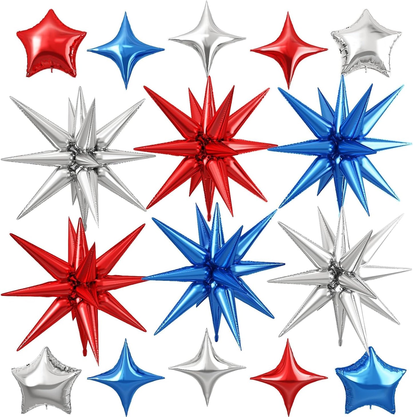 Blue Red Silver Star Balloon,16Pcs Star Foil Balloons Set with 22Inch Explosion Spike Cone Balloons and 10Inch Quadrangle Helium Balloon for Birthday Wedding Baby Shower Party Decorations