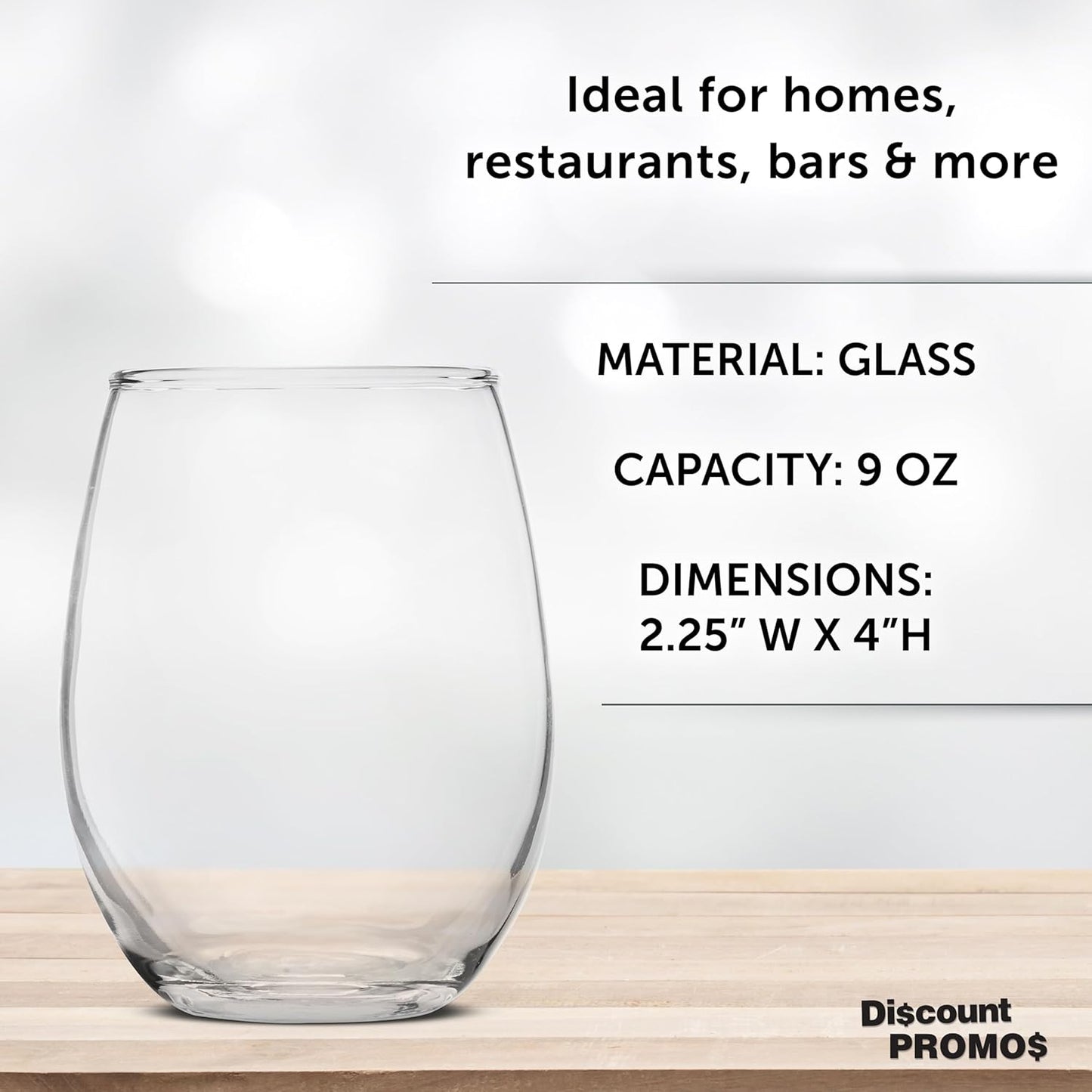 DISCOUNT PROMOS Stemless Wine Glass 9 oz. Set of 10, Bulk Pack - Great for Wedding Favors, Bachelorette Party and More - Clear Bottom Color