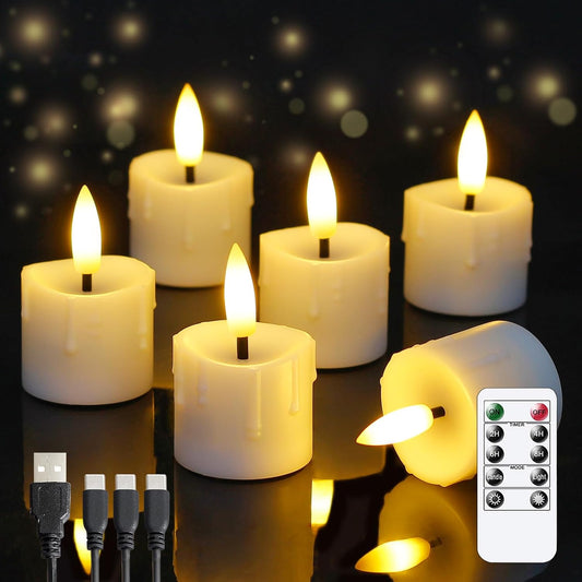 Rechargeable Flameless 1.6" x2.5" Tea Light Candles with Remote & Type-C Charging Cable, Timer LED Flickering White Plastic 6pcs Mini Dripping Wax Votive Tealight Candles