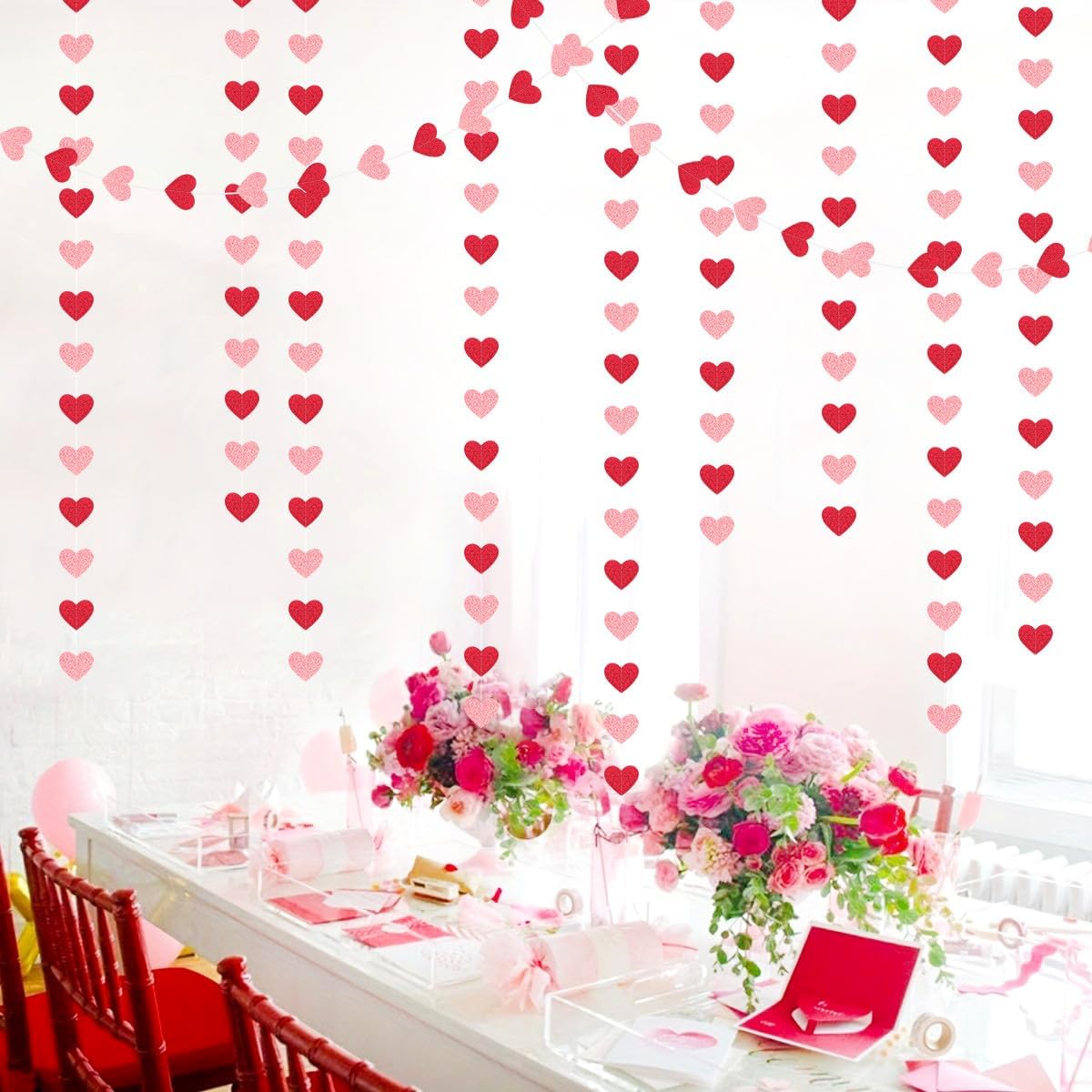 Red Pink Party-Decorations Heart Garland - 52ft Streamers Paper Banner,Proposal Anniversary Romantic Birthday Baby Shower Rustic Wedding Hanging Ornaments Decor Hugfond