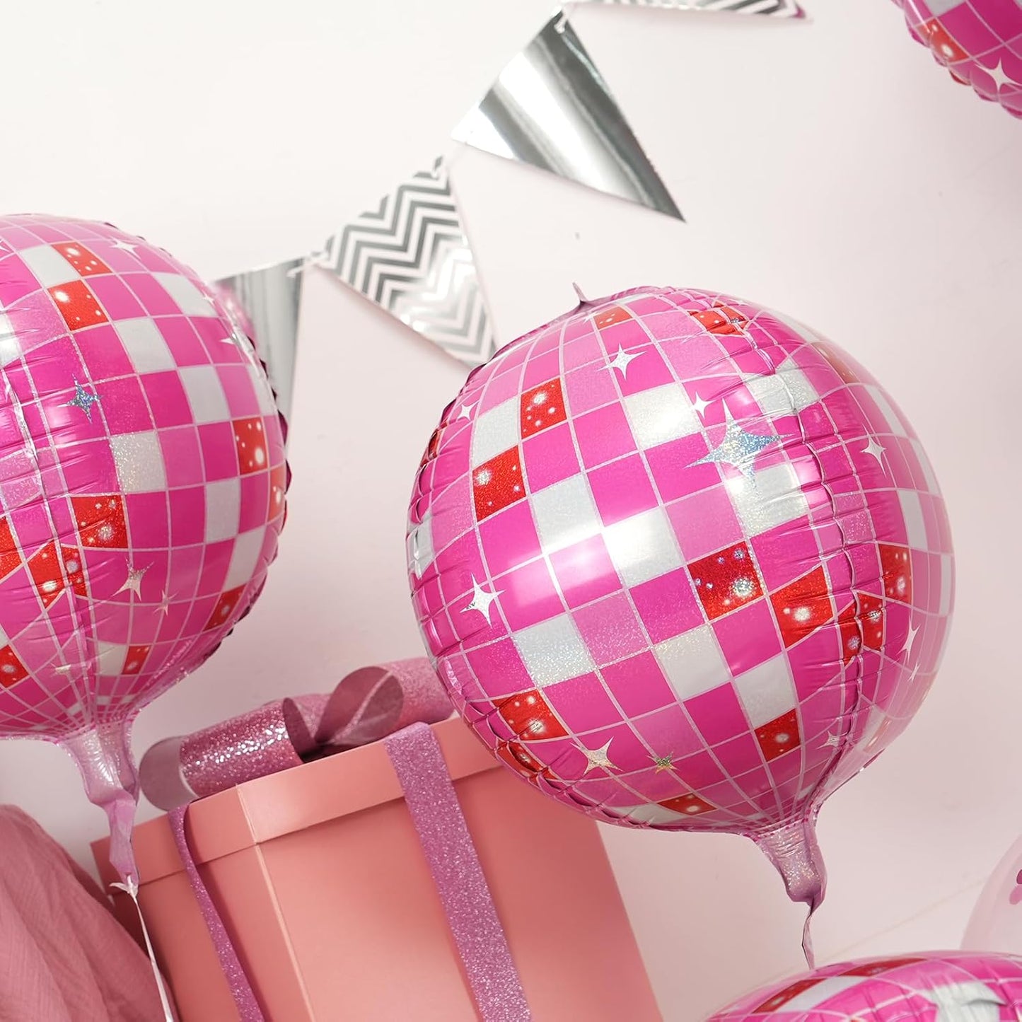 Disco Ball Balloons Pink 4PC,Foil Disco Balloons 22 Inch 4D Round Pink Balloon for 70s 80s Birthday Bachelorette Graduation Decorations