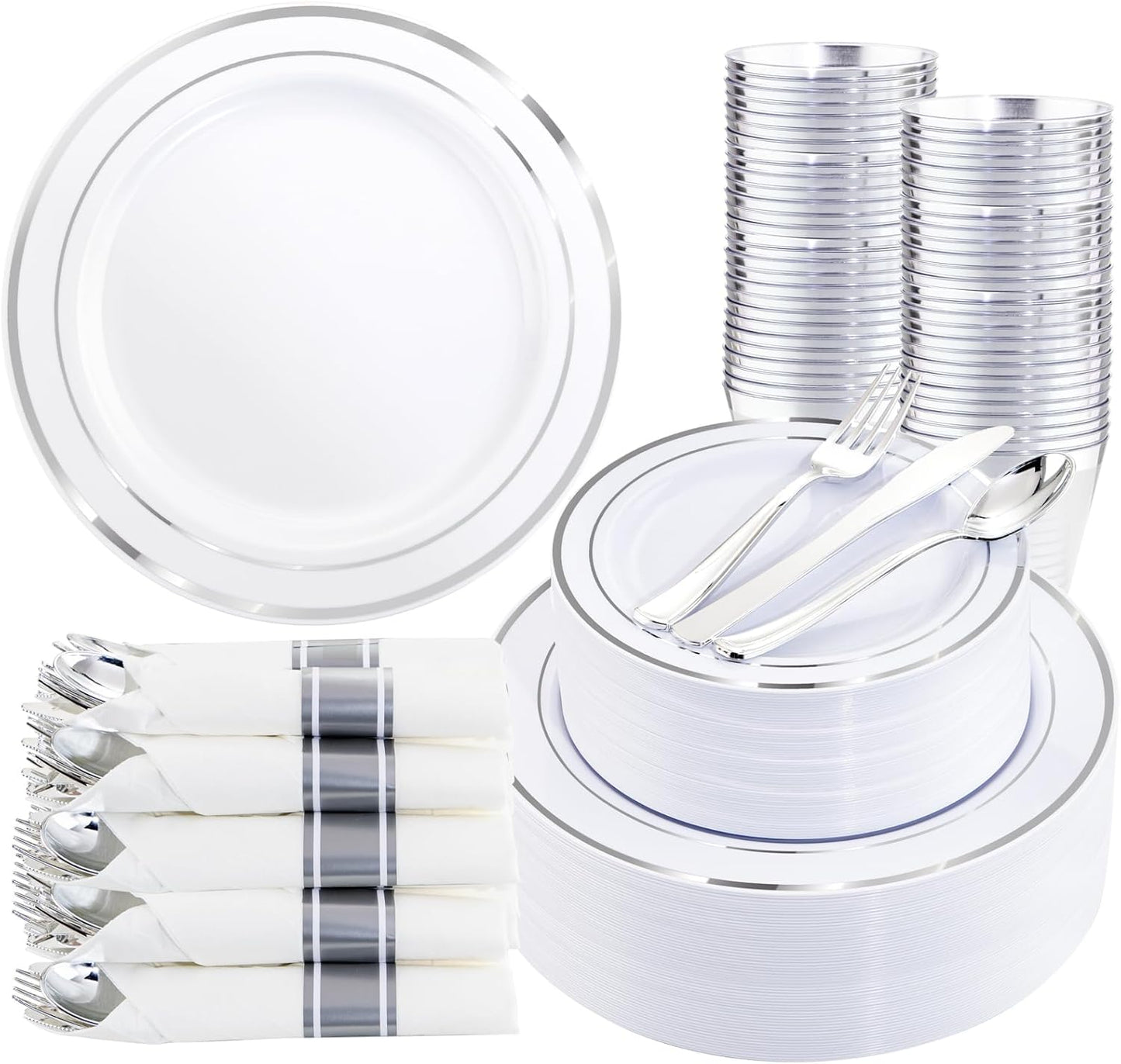 350Piece Silver Plastic Dinnerware Set for 50 Guests - Silver Plastic Plates with Cutlery Include:50Dinner Plates-50Dessert Plates-50Pre Rolled Napkins with Silverware for Christmas