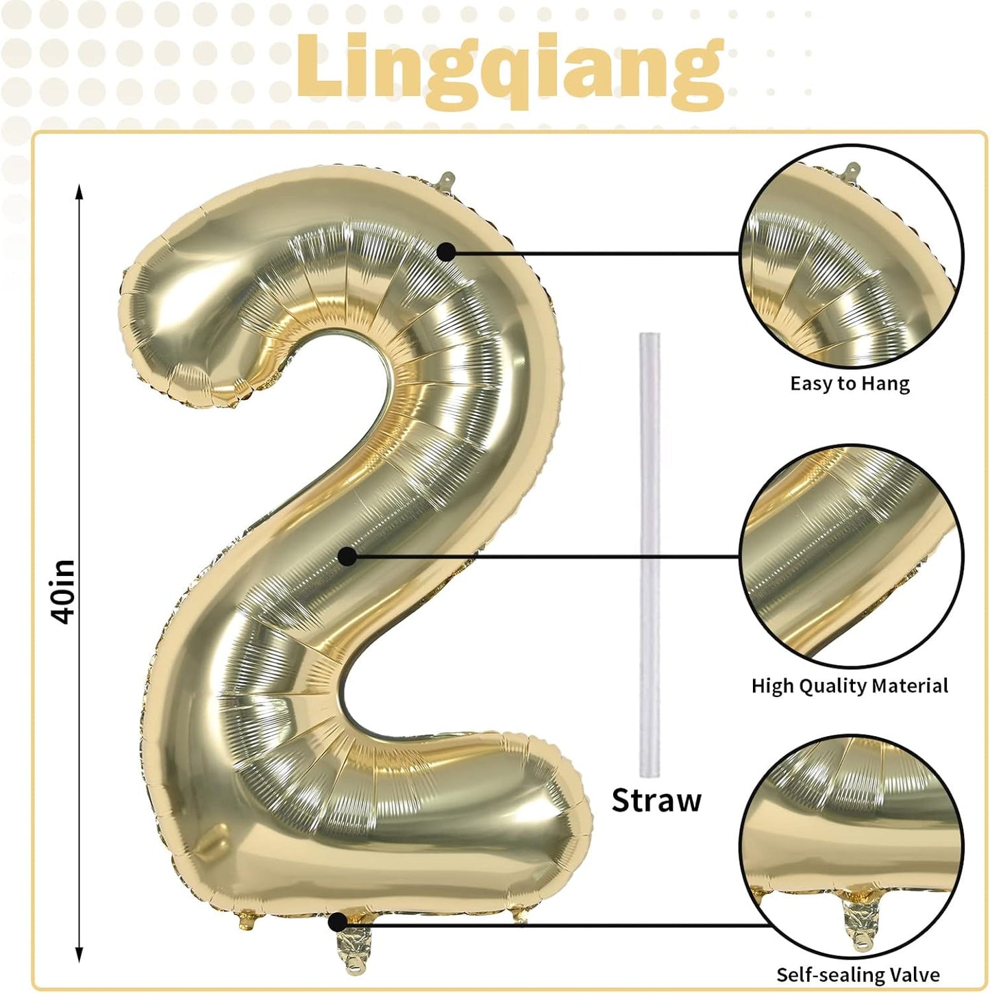 40 Inch Balloon Number 2 Champagne Gold, Large Foil Light Gold Number Balloons Set 0-9 for Women Men, Digital 2 Helium Balloons for Boys Girls 2nd Birthday Anniversary Graduation Party Decorations
