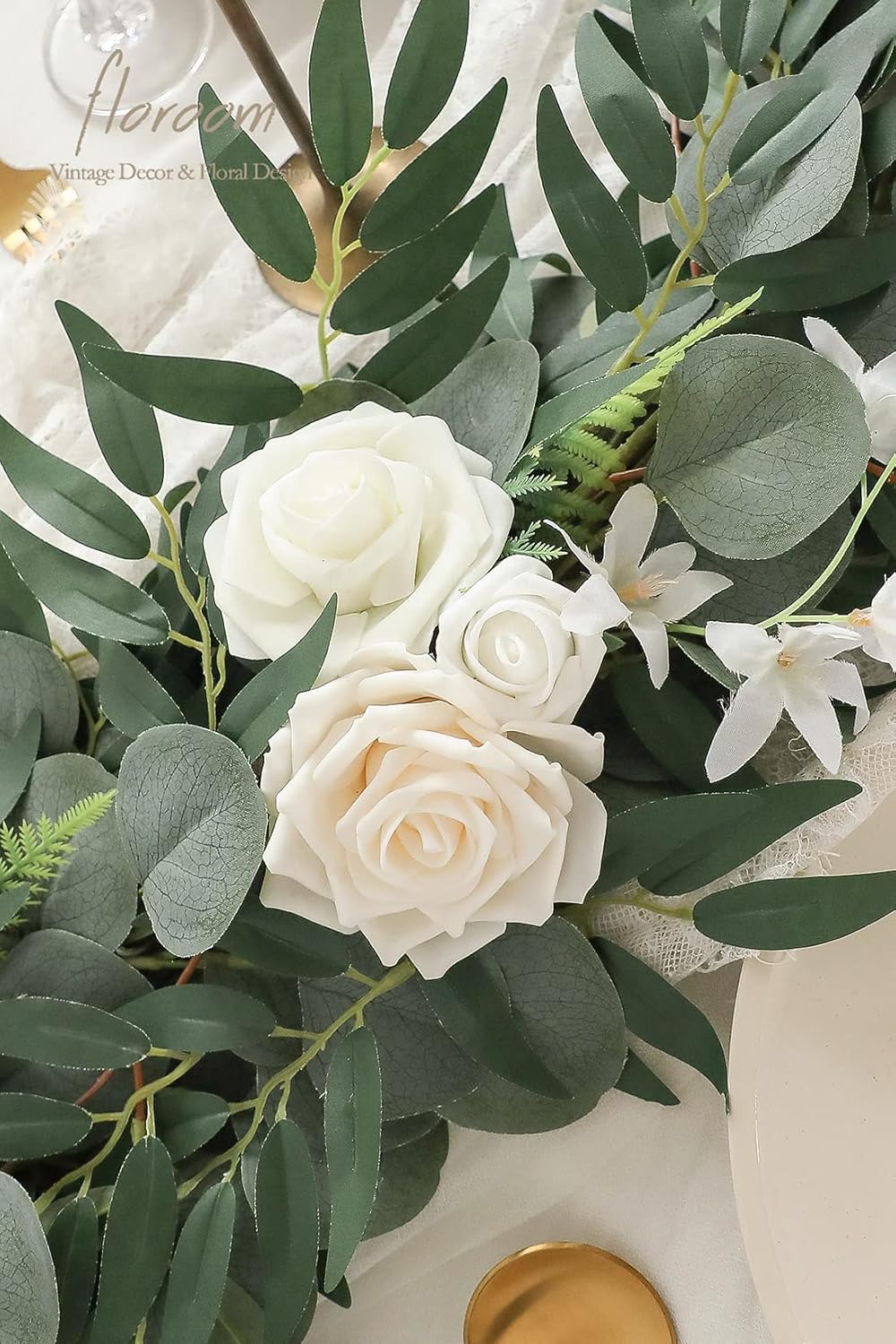 Floroom 6ft Artificial Eucalyptus Garland with Flowers Fake Greenery Faux Floral Vine Garland for Table Decor Wedding Centerpieces Bridal Shower Party Decorations, Ivory White
