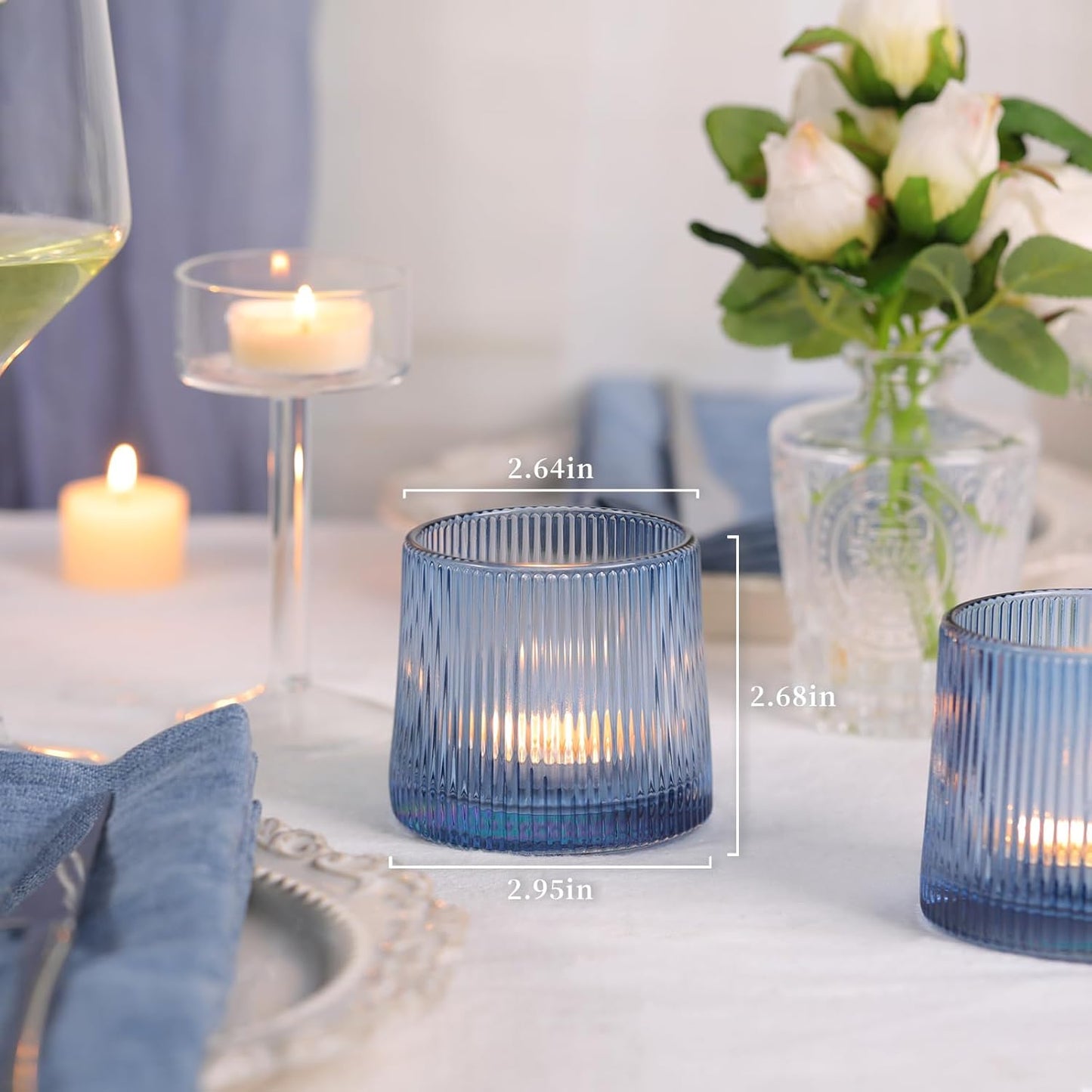 DARJEN Blue Ribbed Tealight Votive Candle Holders- 6Pack Glass Candle Holders for Table Centerpiece, Wedding Decor, Home Decor, Party Dinner