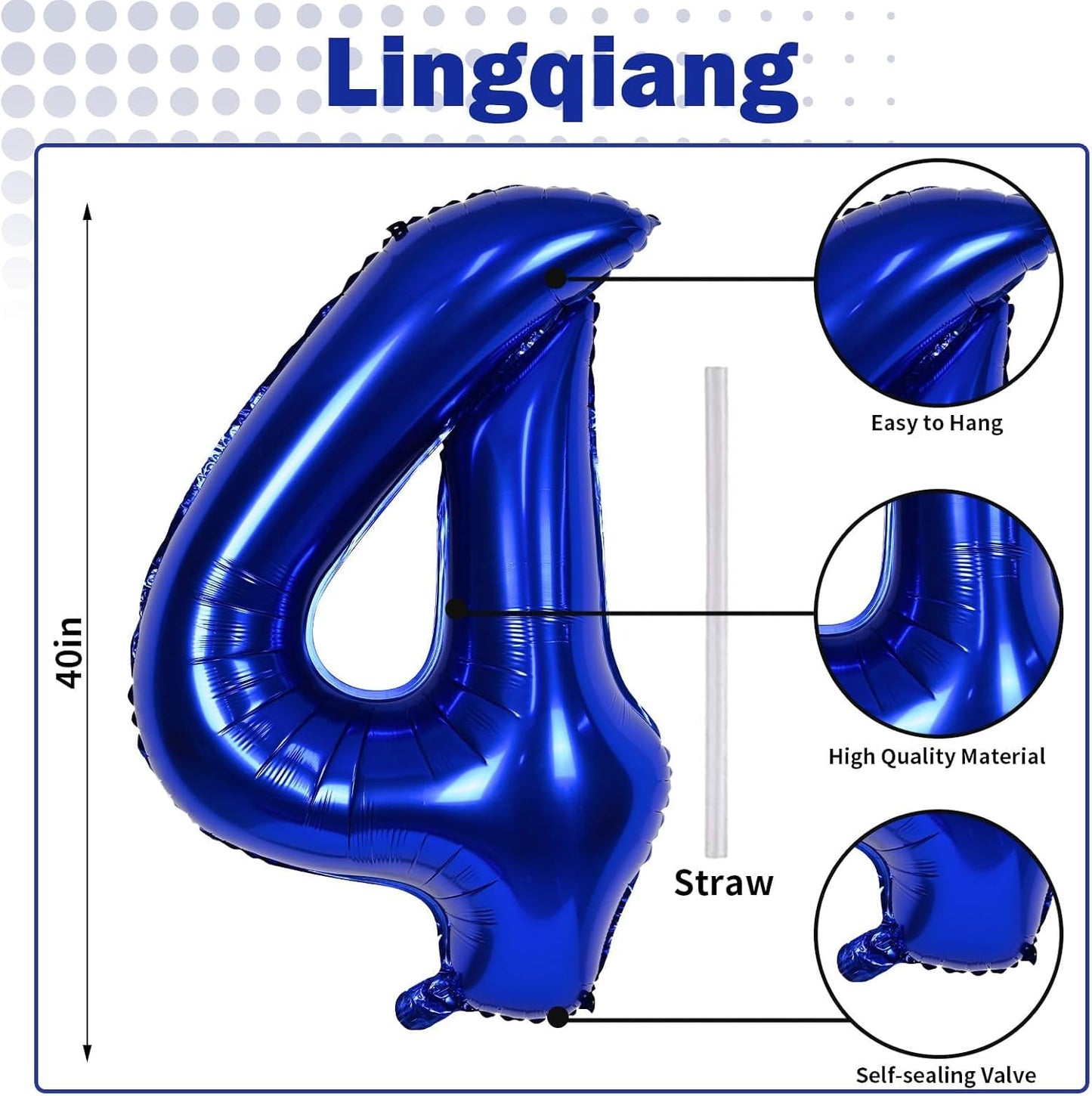 Navy Blue Foil Balloon Number 4, 40'' Giant Self Inflating Number Balloons Set 0-9, Large Dark Blue Number 4 Helium Balloon for Boys 4th Birthday Anniversary Party Decorations Supplies