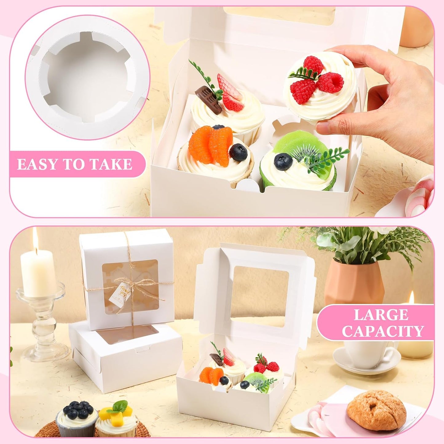 36 Pack Cupcake Boxes Hold 4 Count Disposable Cupcake Containers with Window and Cake Carrier with Thanks Card and Jute Rope to Muffins Cupcakes Cookies Gift Wrapping (White)