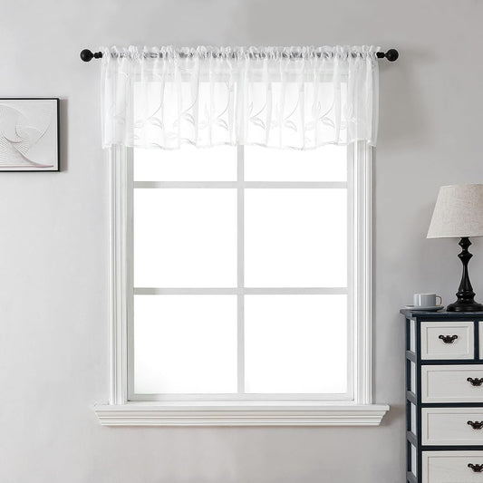 VISIONTEX Sheer Voile Curtain Valances, Decorative Leaves Embroidered, Rod Pocket Window Treatment for Kitchen/Rustic Bedroom/Living Room (54 x 16 Inch,1 Panel)