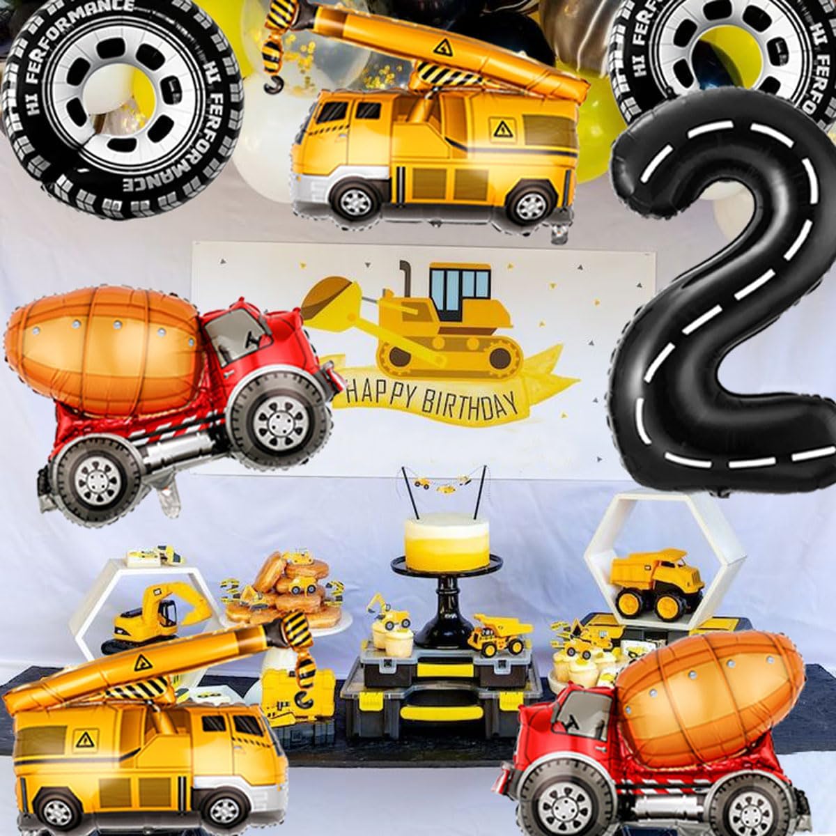 2nd Birthday Decorations for Boys Construction Balloons 40inch Number 2 Balloons Truck Foil Balloon for Construction Birthday Party Decorations Supplies