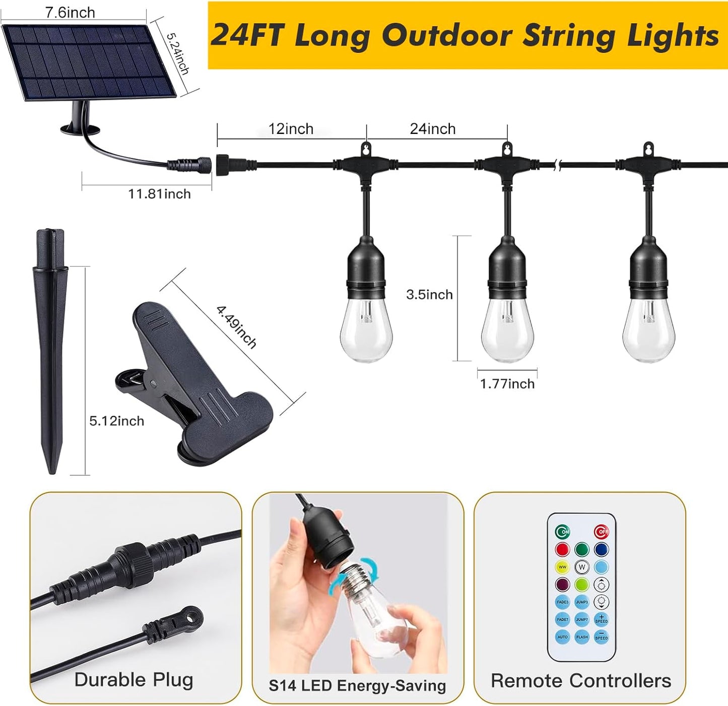 24FT Solar Outdoor String Lights, 12 Shatterproof E26 Edison LED Bulbs, Dimmable RGB Color Changing Patio Lights with 8 Modes, IP65 Waterproof & Remote for Weddin & Commercial Use