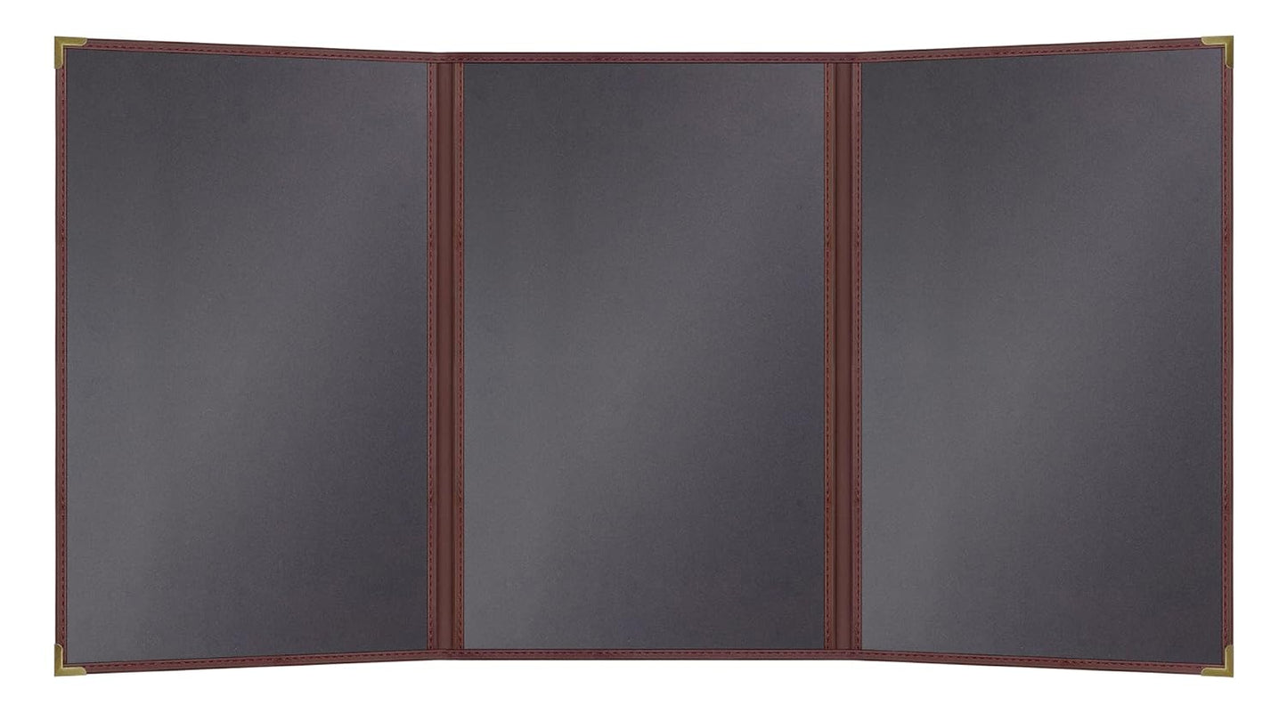 Goodsmart Pajco Style Restaurant Menu Covers – Pack of 10, Side-Load Fold-Out Menu Holders, Single Stitched Edge Clear Vinyl Menu Sleeves, Leatherette Trim Gold Corners, Burgundy, 3 View (8.5" x 14")