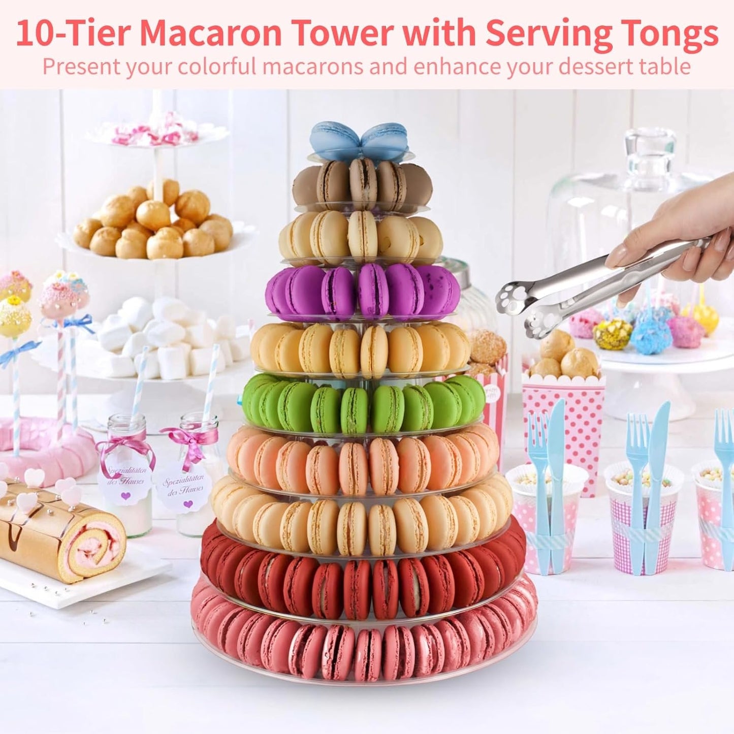 10-Tier Clear Macaron Display Stand, Plastic Macaron Tray Tower with Stainless Steel Serving Tongs, Clear Round Macaron Display Rack, Cupcake Dessert Stand for Weddings, Birthday Parties, Bakeries
