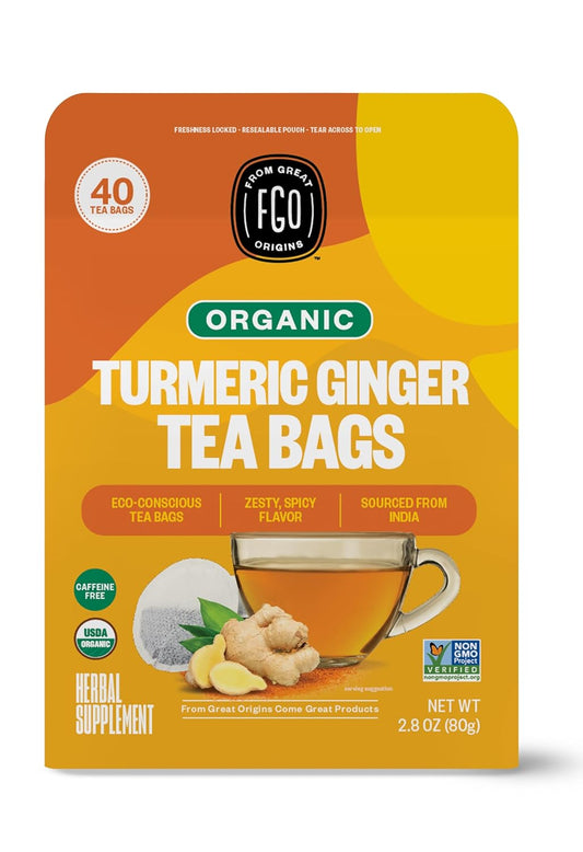 FGO Organic Turmeric Ginger Herbal Tea, 40 Count, Eco-Conscious Tea Bags, Caffeine Free (Pack of 1)