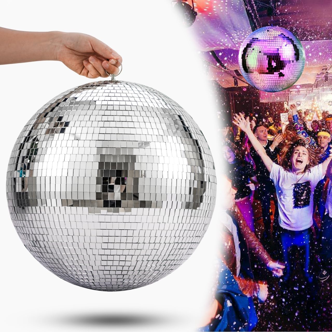 16inch Large Mirror Disco Ball - Hanging Big Disco Ball for Party Decorations, DJ Clubs, Weddings, Bars, Holiday Events, and Stage Decor with 15pcs Replacement Mirrors