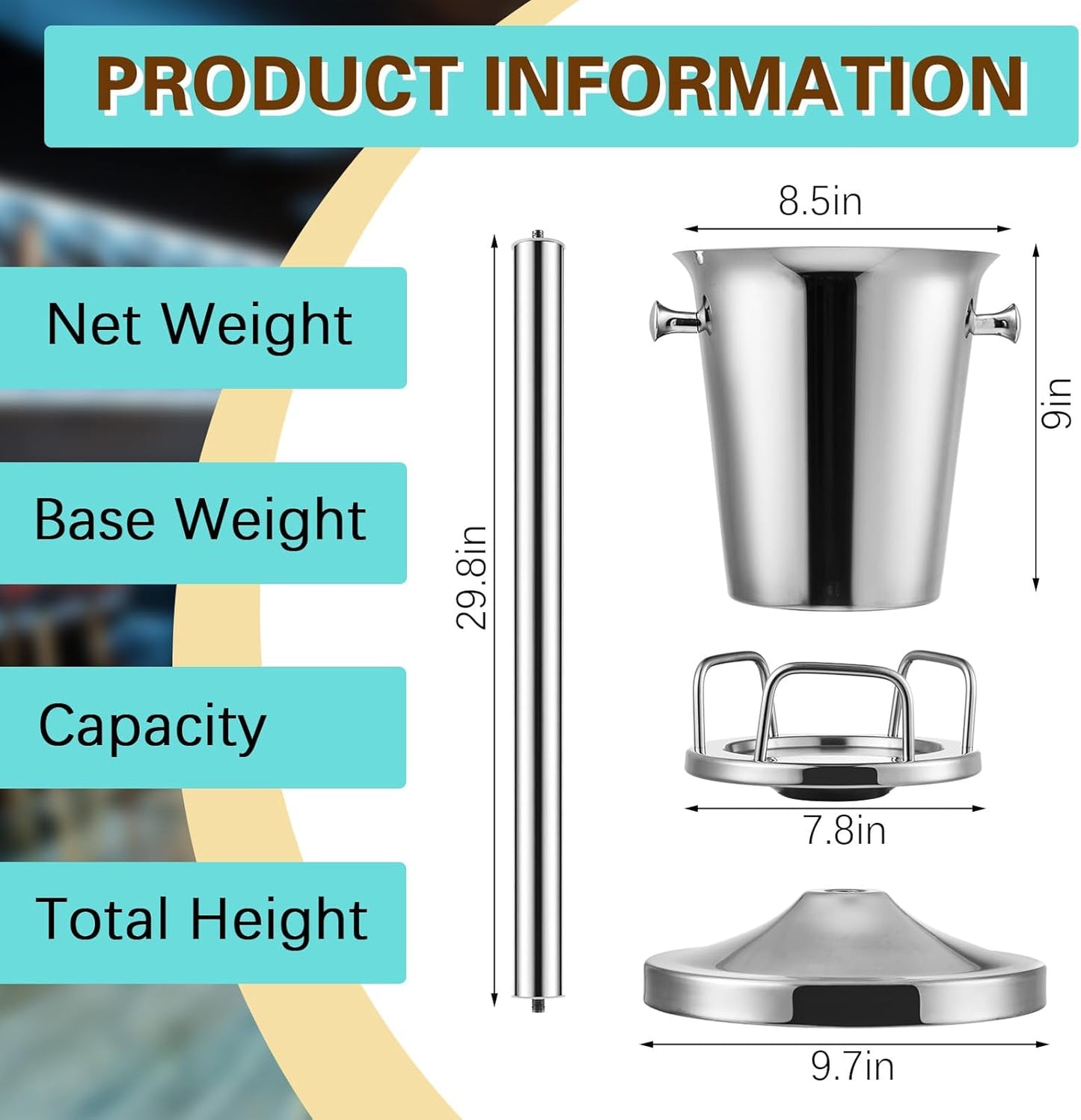 Lallisa 2 Pieces Wine Ice Bucket with Stand Stainless Steel Standing Champagne Ice Bucket Cube Container on Stand for Beer KTV Club Bar BBQ Wedding 35.8in 5L (Silver)