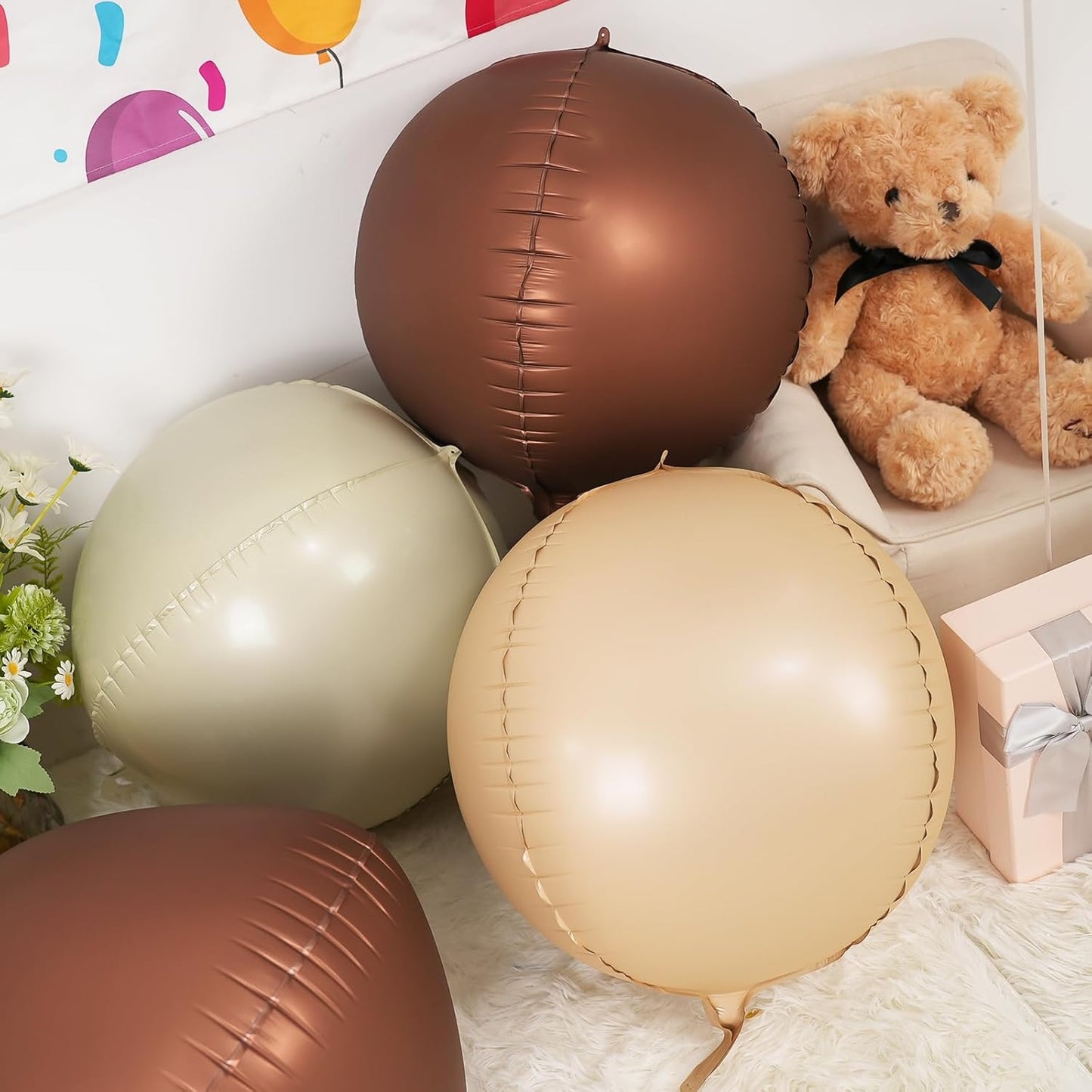6Pcs Nude Cream Beige Round Foil Balloons, 22inch 4D Apricot Brown Tan Large Ball Balloons, for Boho Birthday Wedding Baby Shower Party Backdrop Decorations