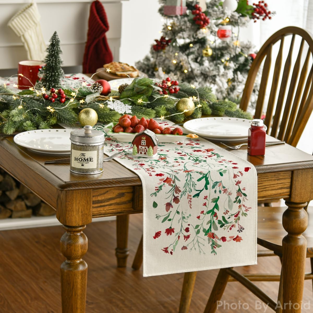 Artoid Mode Floral Leaves Christmas Table Runner, Wild Flowers and Grasses Winter Kitchen Dining Table Decoration for Home Party Decor 13x48 Inch