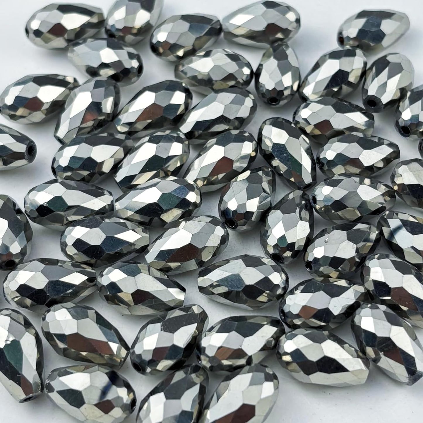 50pcs 10x15mm Teardrop Crystal Glass Beads for Jewelry Making, Faceted Vertical Hole Teardrop Glass Spacer Beads for Wind Chimes Bracelet Earring Necklace DIY Craft(Silver)