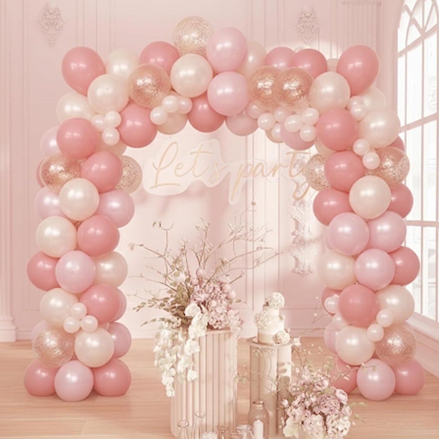 Pink and Gold Balloons, 50Pcs 12 Inch Retro Blush Pink Cream White Double Stuffed-pink Metallic Gold Confetti Boho Ballon for Birthday Bridal Shower Wedding Party Decorations