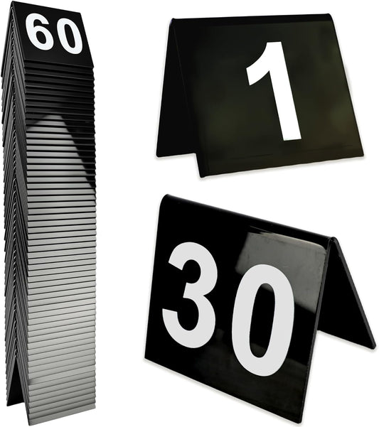 60 Pcs Black Acrylic Table Numbers 1-60 Double Sided Restaurant Table Order Number Wedding Numbers Cards for Party Banquets Service Receptions