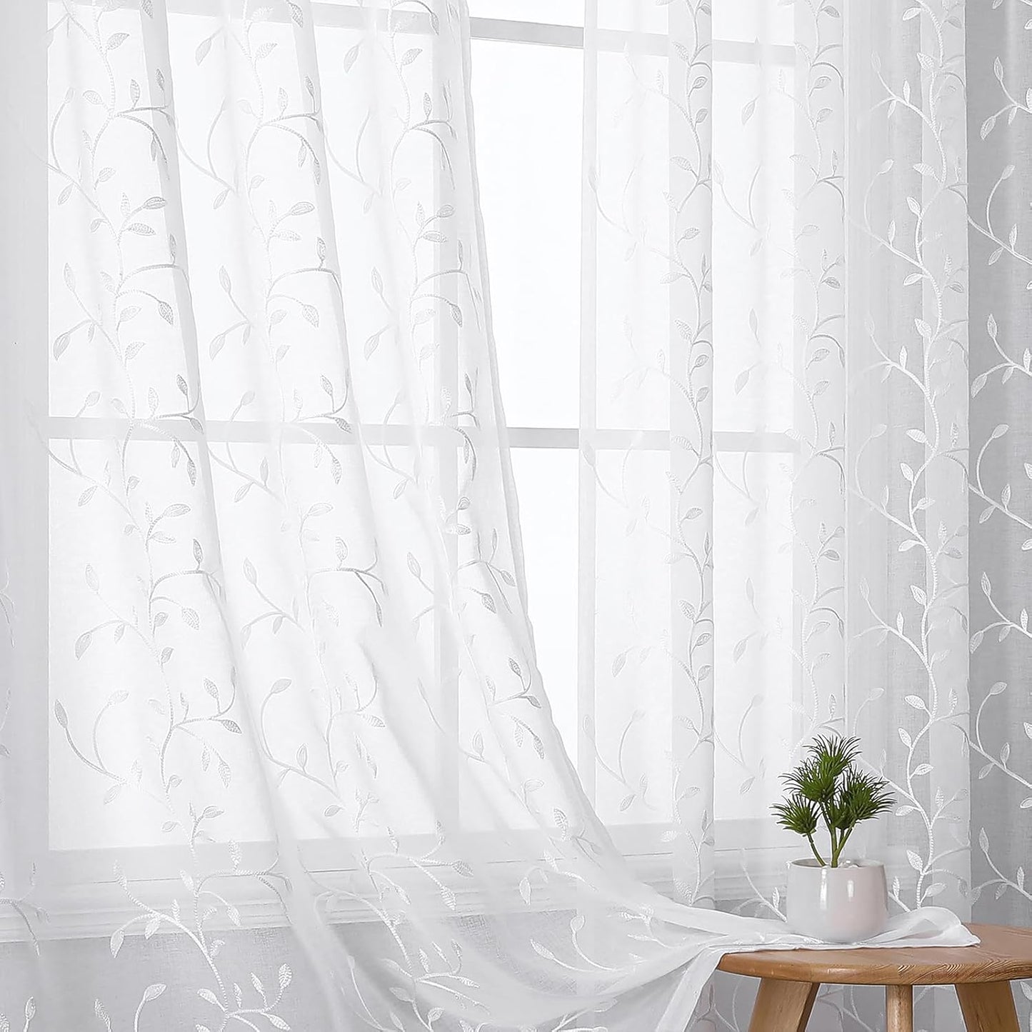 VISIONTEX White Sheer Voile Curtains, Decorative Beige Leaves Embroidery Faux Linen Rod Pocket Window Drapes for Home Kitchen, Living Room and Bedroom 54 x 63 Inch, Set of 2 Curtain Panels