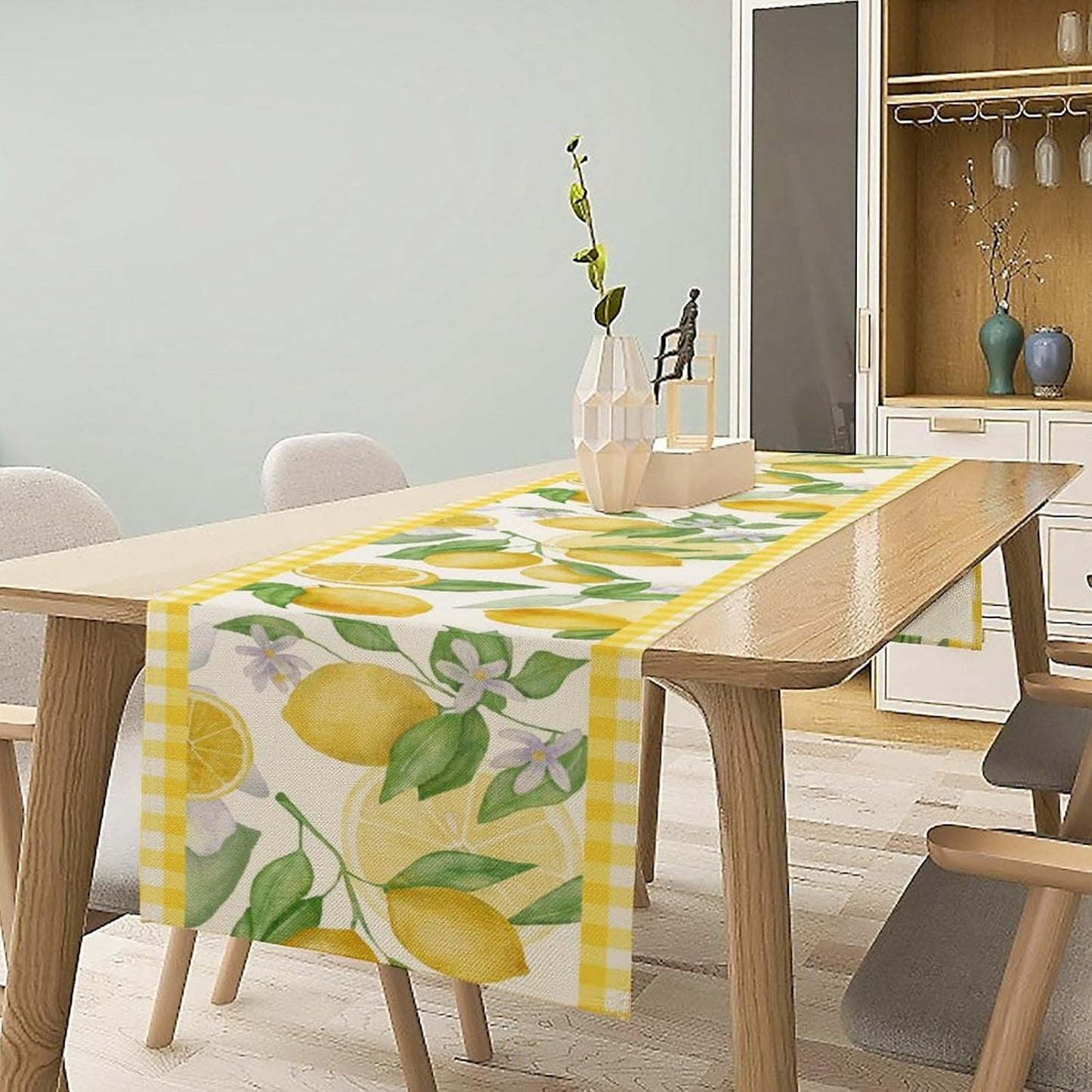 Lemon Table Runner,Yellow White Buffalo Plaid Summer Table Runner for Kitchen Dining Table Home Party Decoration 13x90 Inch