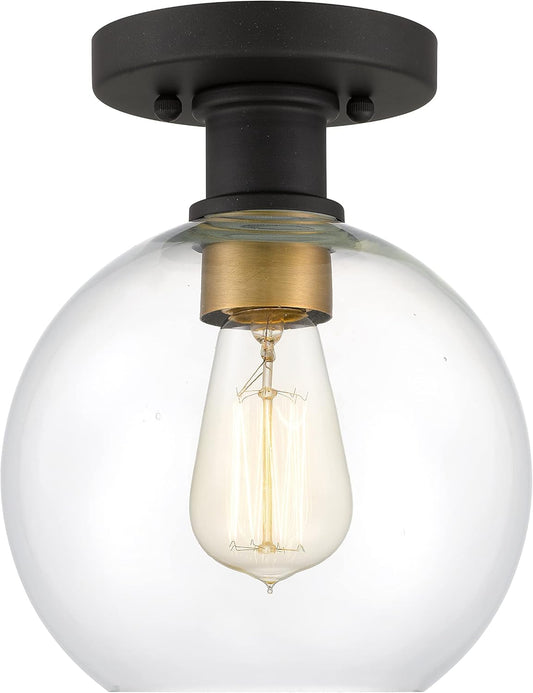 Dan Modern Farmhouse 1-Light Flush Mount Ceiling Light Clear Glass Globe Black Gold Finish for Hallway, Entryway, Passway, Bedroom, Garage, Kitchen, Balcony