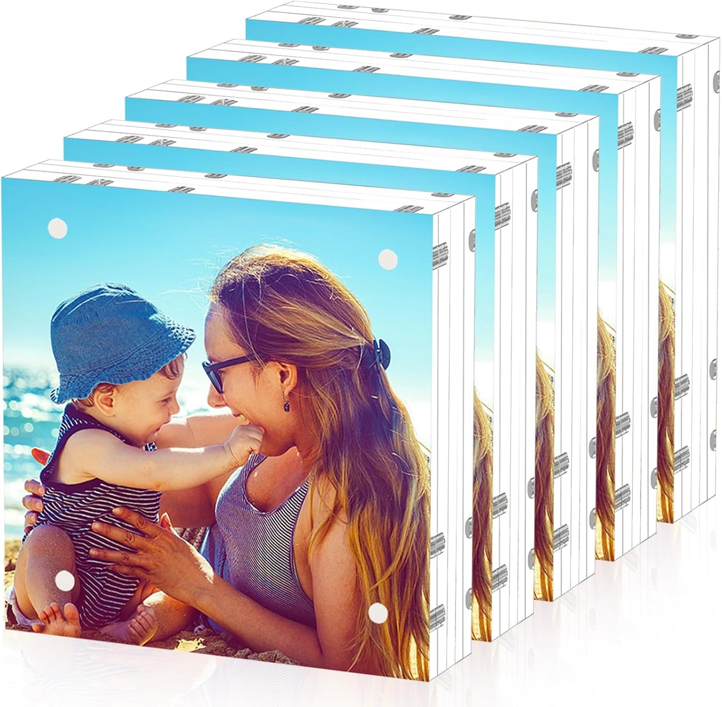 HELPLEX 5 Pack 6x6 Acrylic Picture Frames, 24mm Thicker Square Frameless Clear Frame Double Sided Magnetic Frame, Free Standing Desktop Display Stand