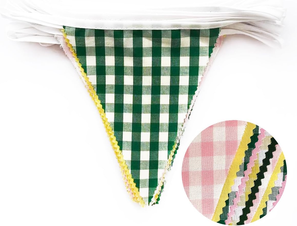 32Ft Camp Bride Party Decorations Pink Green Yellow Gingham Fabric Triangle Banner Flag Plaid Pennant Garland Streamers for Camping Bachelorette Glamping Baby Shower Picnic Birthday Decor Supplies