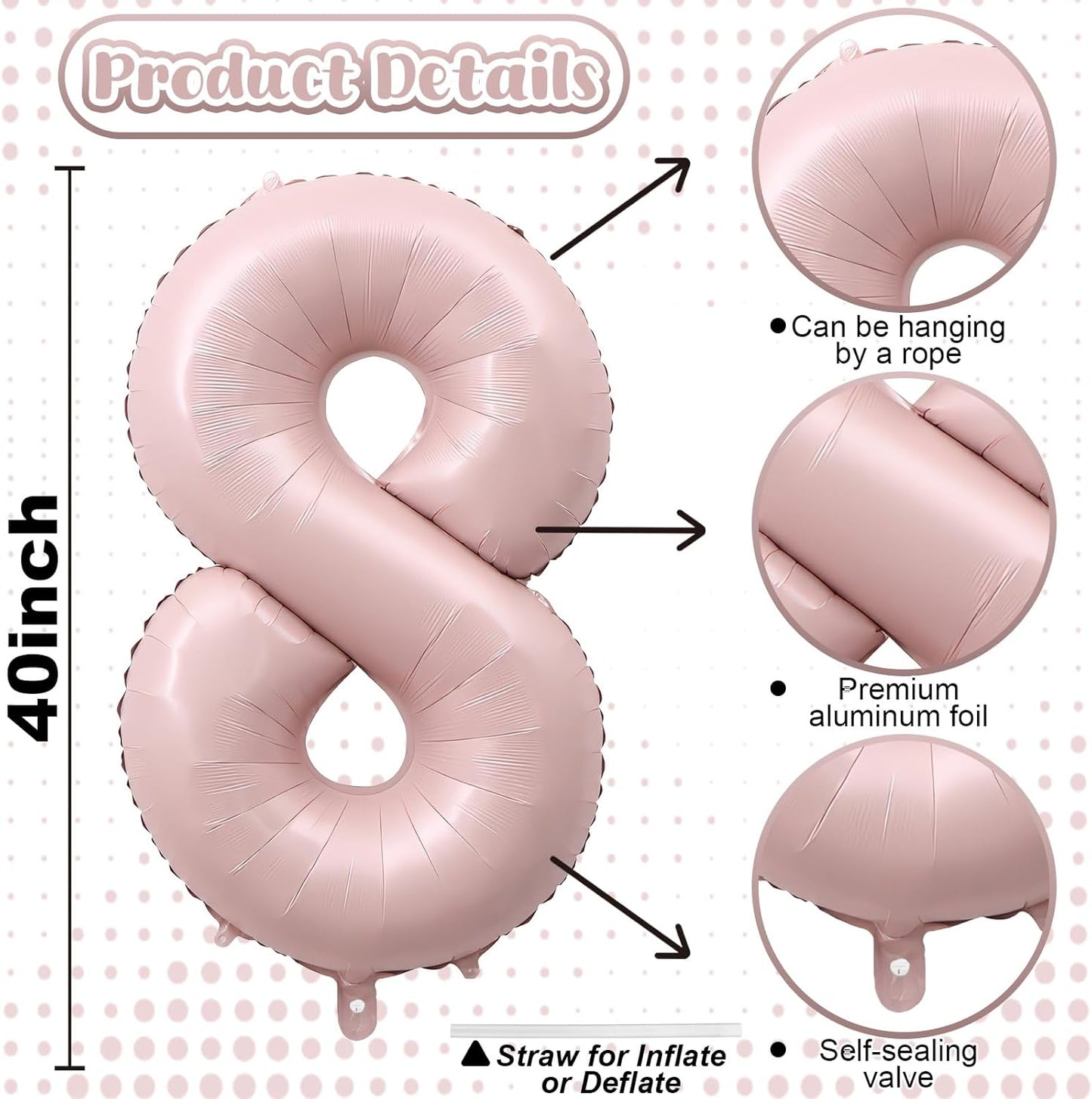 Pastel Pink 8 Balloons, 40" Giant Helium Foil Number Balloon 0-9 Blush Pink Number Balloon 8 for Girls, Self Inflating Digit 8 Balloons for 8th Birthday Women Anniversary Princess Party Decorations