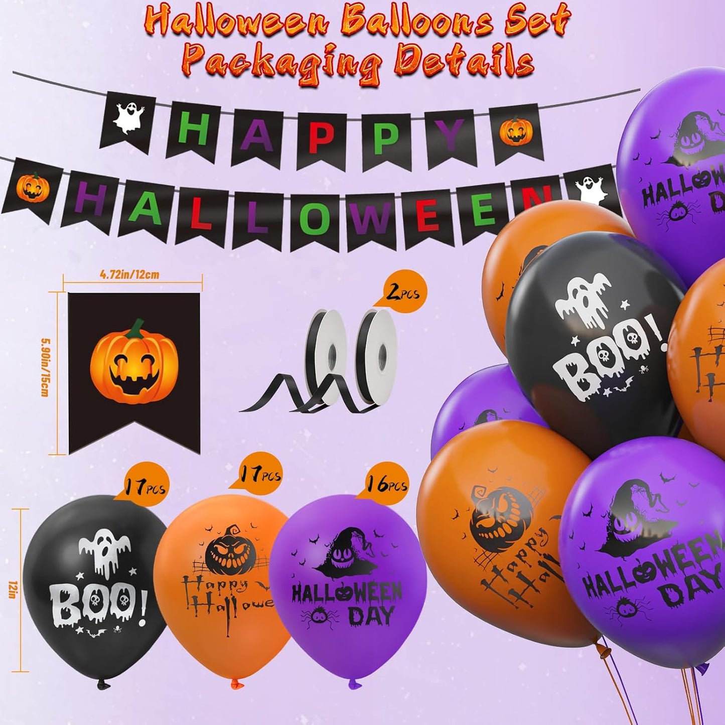 Halloween Party Balloons Kit 60-Pack 12inch Orange Black Purple Halloween Balloons with Ribbons for Party Balloons Decorations Theme Party Background Classroom Indoor and Outdoor Party