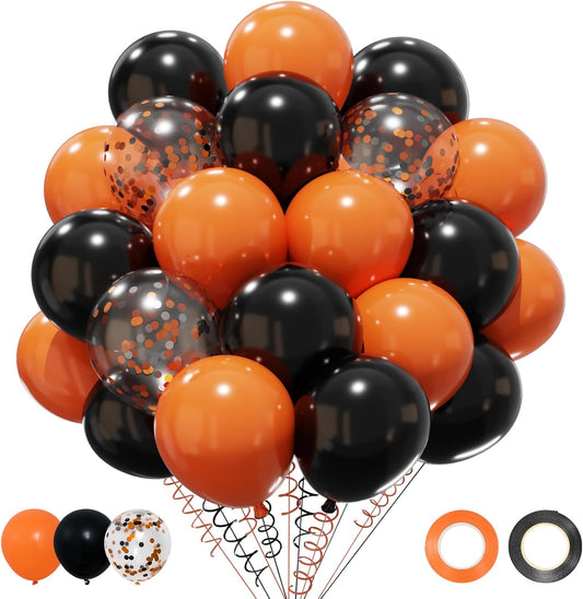 Patimate Black Orange Halloween Balloons Set, 50 pcs 12 inch Orange Black Confetti Latex Balloons Kit for Halloween Baby Shower Spooky Birthday Graduation Motorcycle Party Decorations